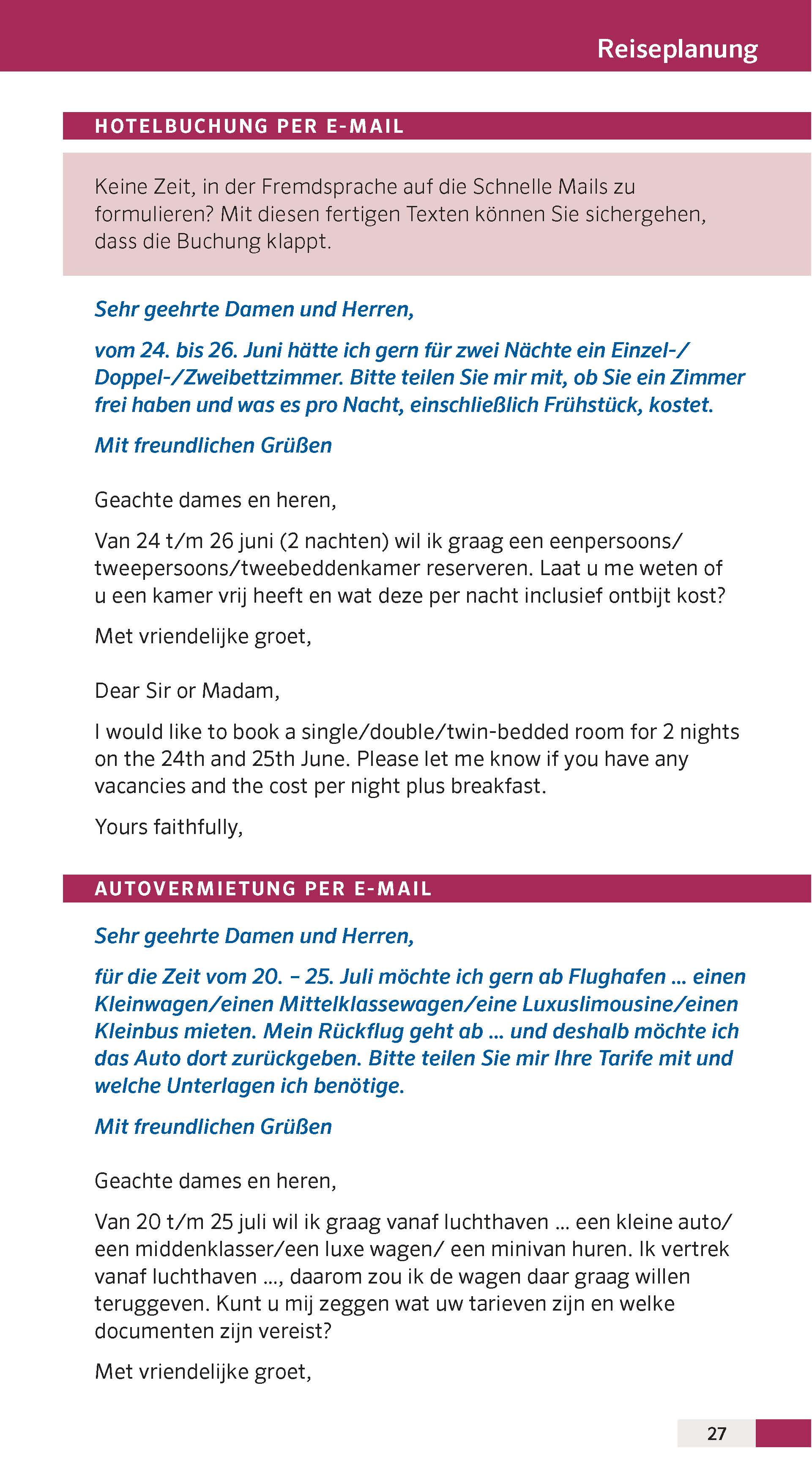 Ein Reise-Newsletter enthält eine Aufforderung in deutscher und niederländischer Sprache zur Buchung von Hotelzimmern, in der die Empfänger gebeten werden, anzugeben, ob Zimmer verfügbar sind und ob das Frühstück inbegriffen ist.