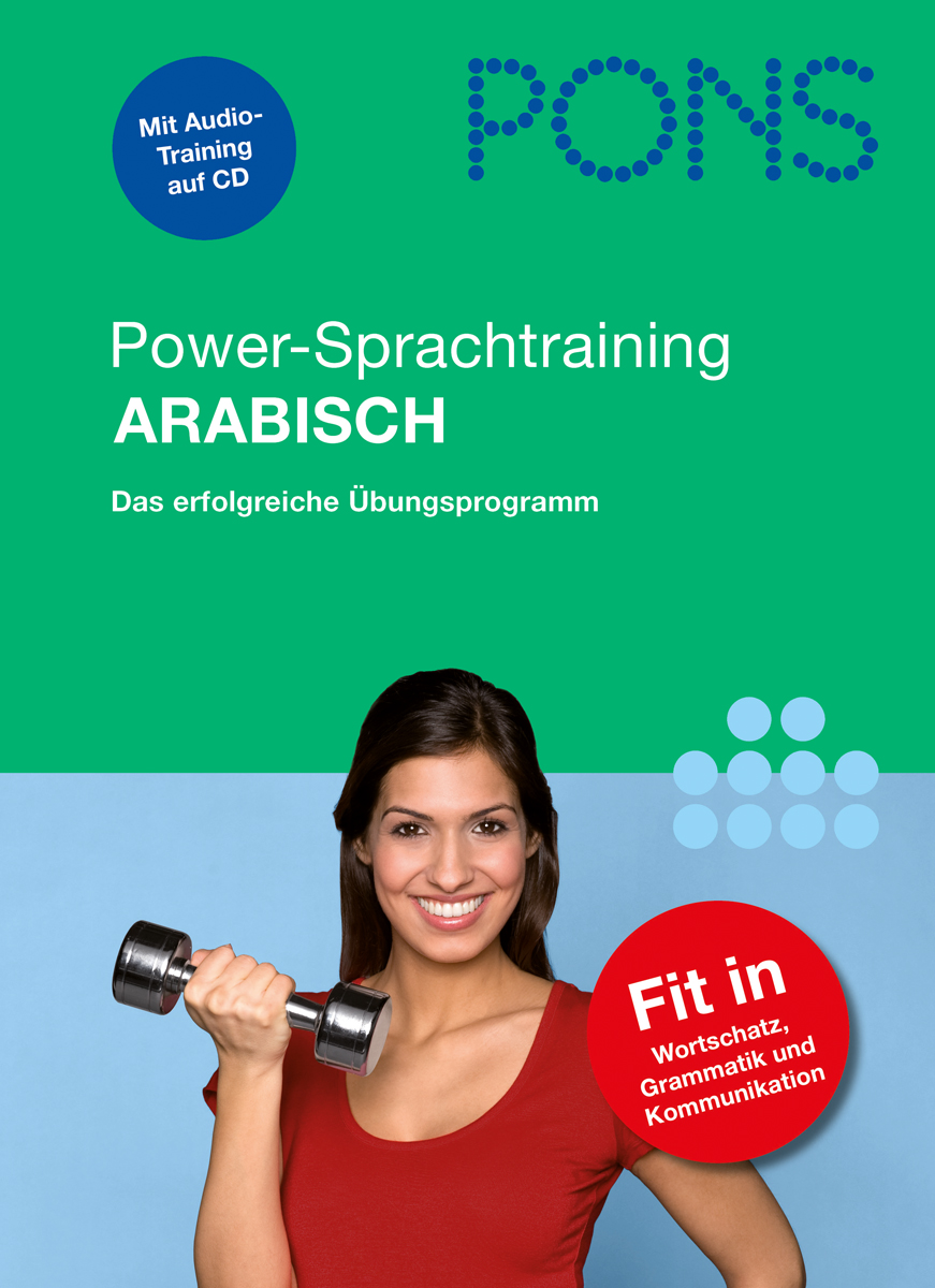 Eine Frau in einem roten Tank-Top hält eine Hantel und lächelt. Das Bild ist das Cover eines deutsch-arabischen Trainingsbuchs von PONS mit Text und einem blauen runden Abzeichen.