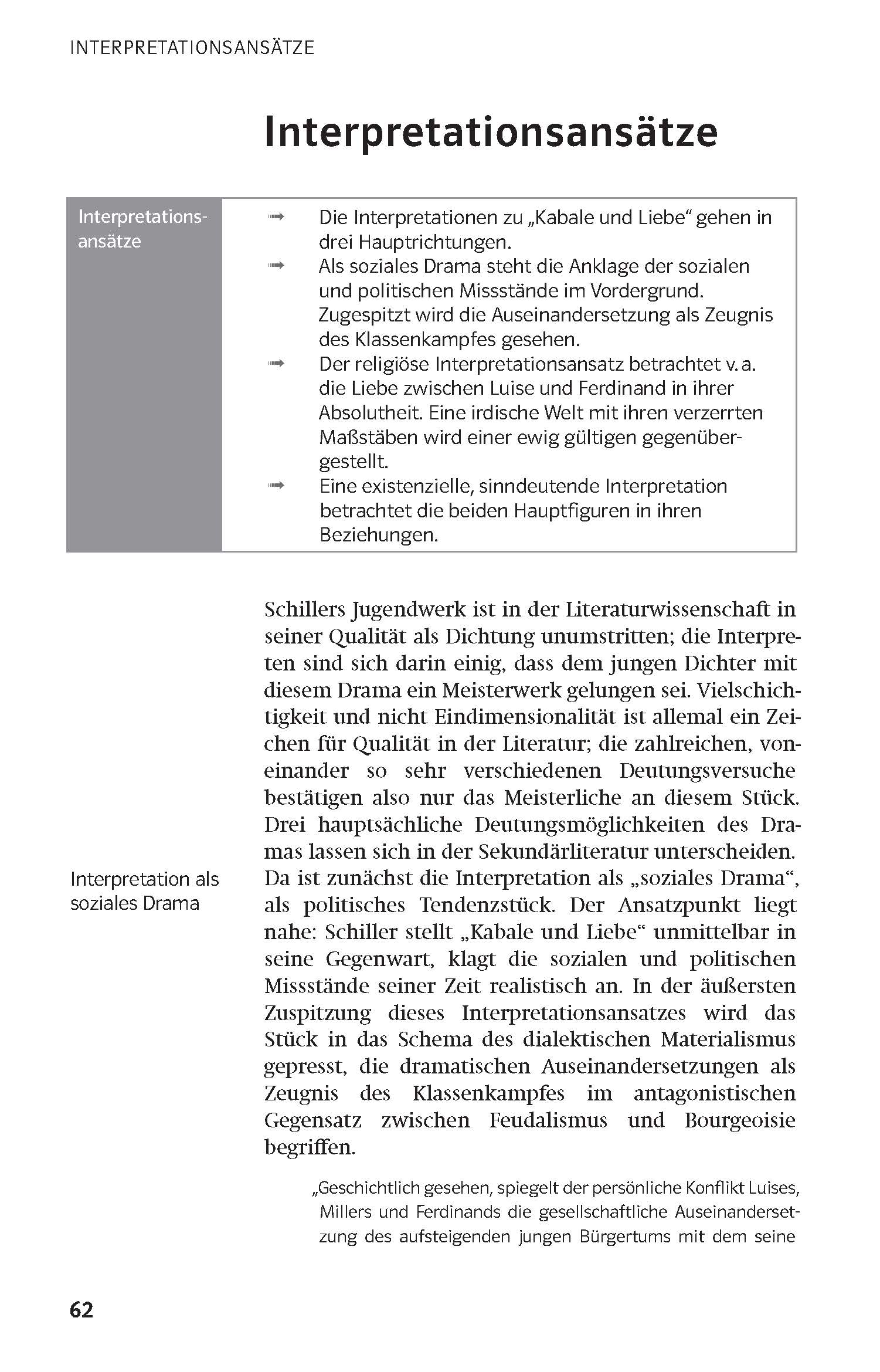 Eine Lehrbuchseite mit dem Titel Interpretationsansätze mit einer Tabelle, die verschiedene Ansätze zur Interpretation des Dramas Kabale und Liebe beschreibt, einschließlich sozialer, religiöser und existentieller Perspektiven.