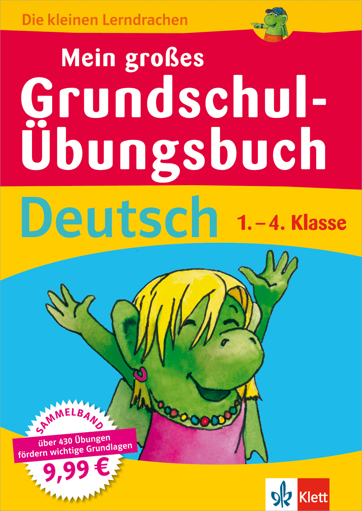 Umschlag eines Deutscharbeitsheftes für die Klassen 1-4 mit einem grünen Zeichentrickdrachen mit gelben Haaren, der lächelnd den Kopf hält, und fettgedrucktem Text zu Übungen und Preis.