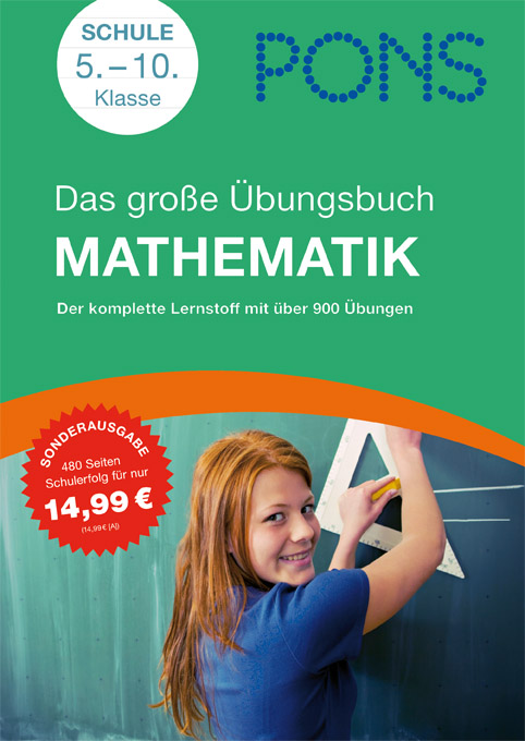 Umschlag eines deutschen Mathe-Arbeitsheftes für die Klassen 5-10, das ein lächelndes Mädchen zeigt, das auf eine Kreidetafel schreibt; der Preis ist rot hervorgehoben.