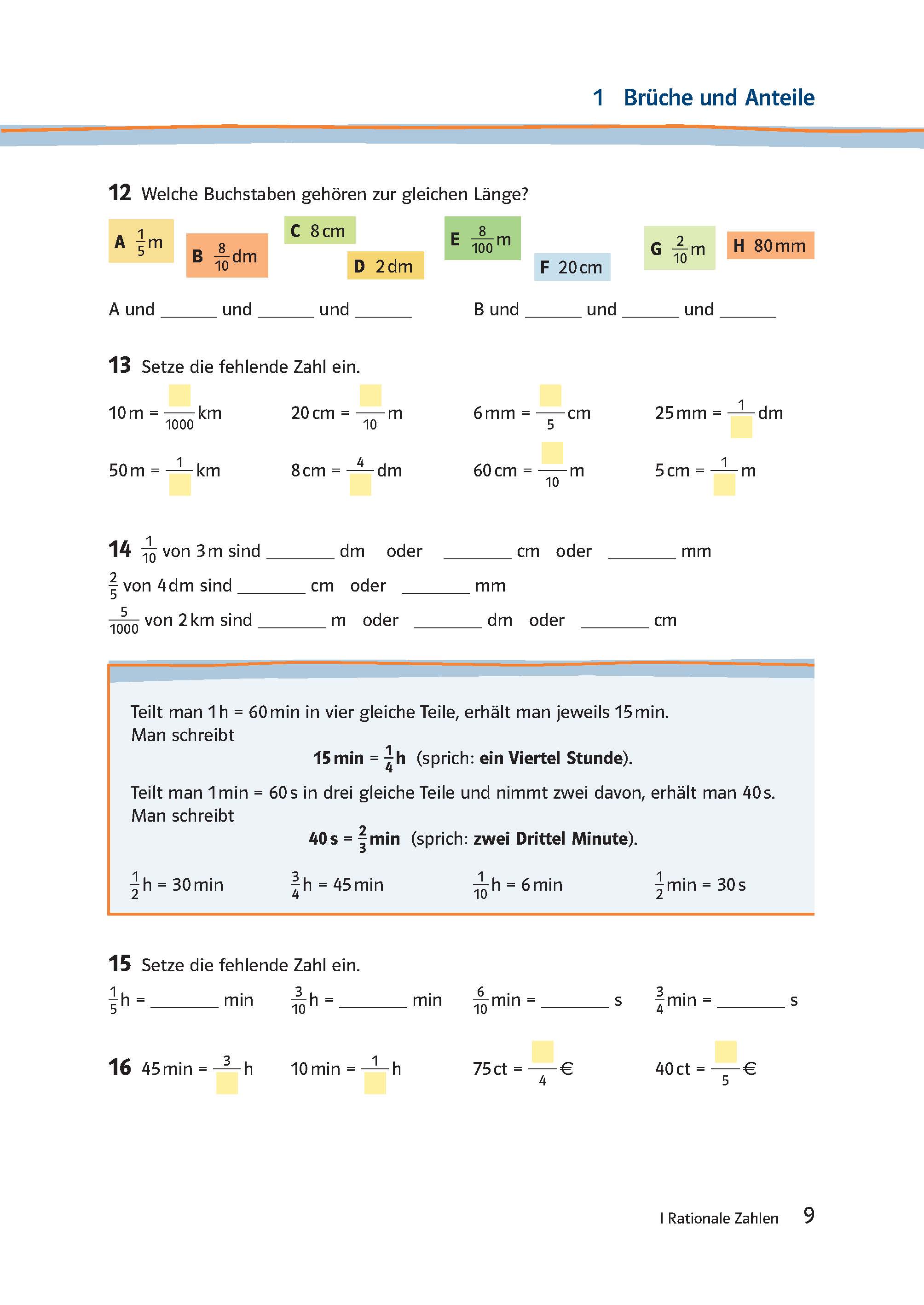 Arbeitsblattseite mit Mathematikübungen zu Längen- und Zeiteinheiten, einschließlich Lückentextfragen mit bunten Zahlenfeldern und Umrechnungsaufgaben.