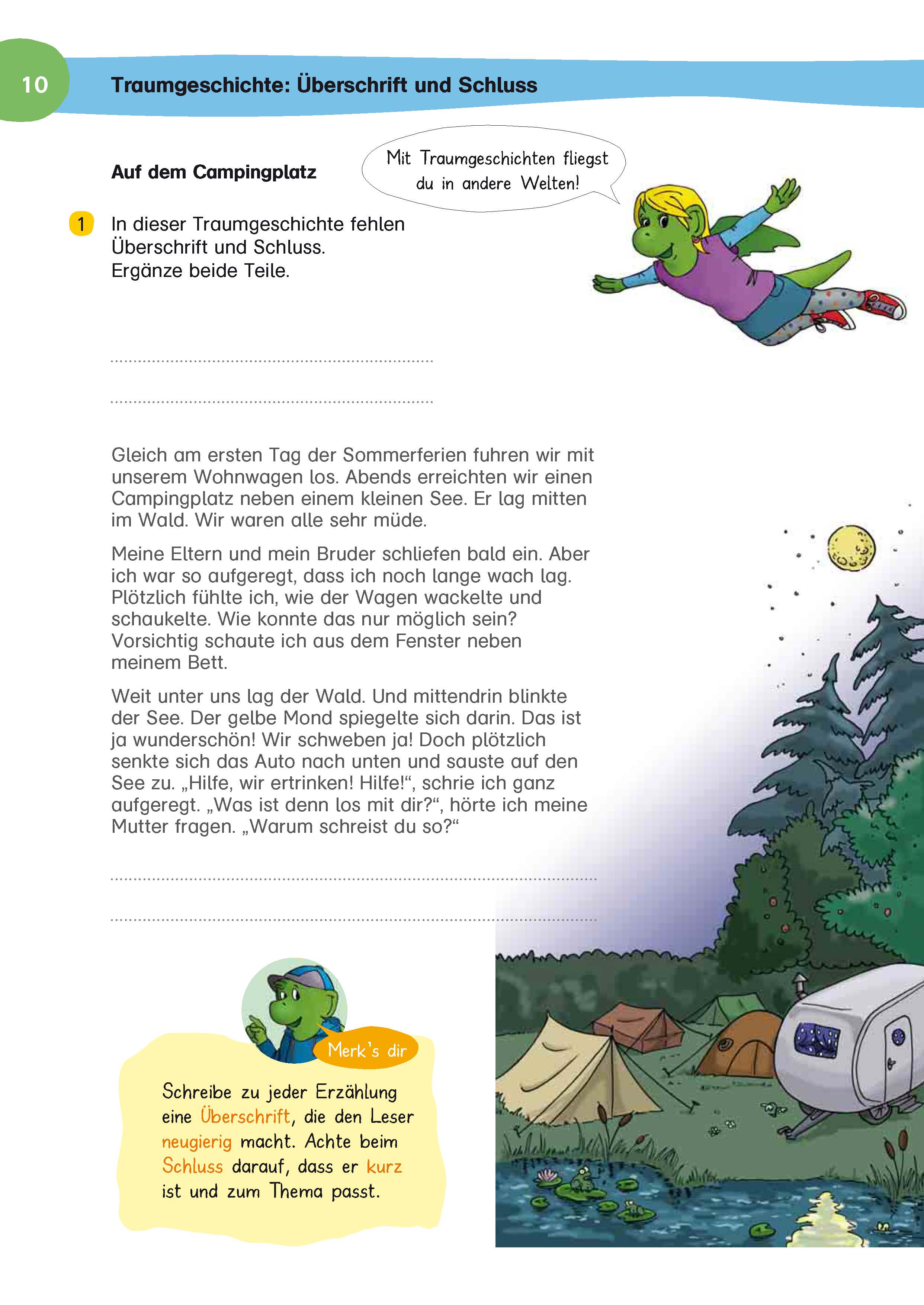 Ein Mädchen in einem grünen Raumanzug schwebt nachts über einem bewaldeten Campingplatz, unter dem ein Zelt steht und ein Igel aus einem Busch heraus beobachtet.