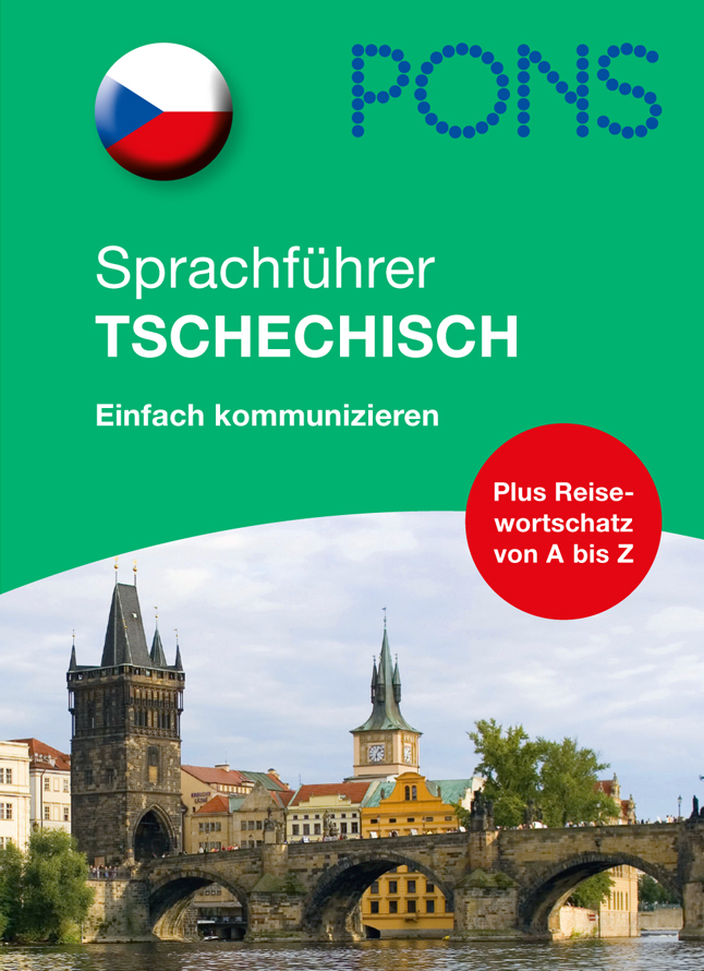 Umschlag eines deutsch-tschechischen Sprachführers mit dem Titel Sprachführer Tschechisch mit einem Stadtbild von Prag und der Karlsbrücke, der tschechischen Flagge und einem Hinweis auf Reisevokabeln.