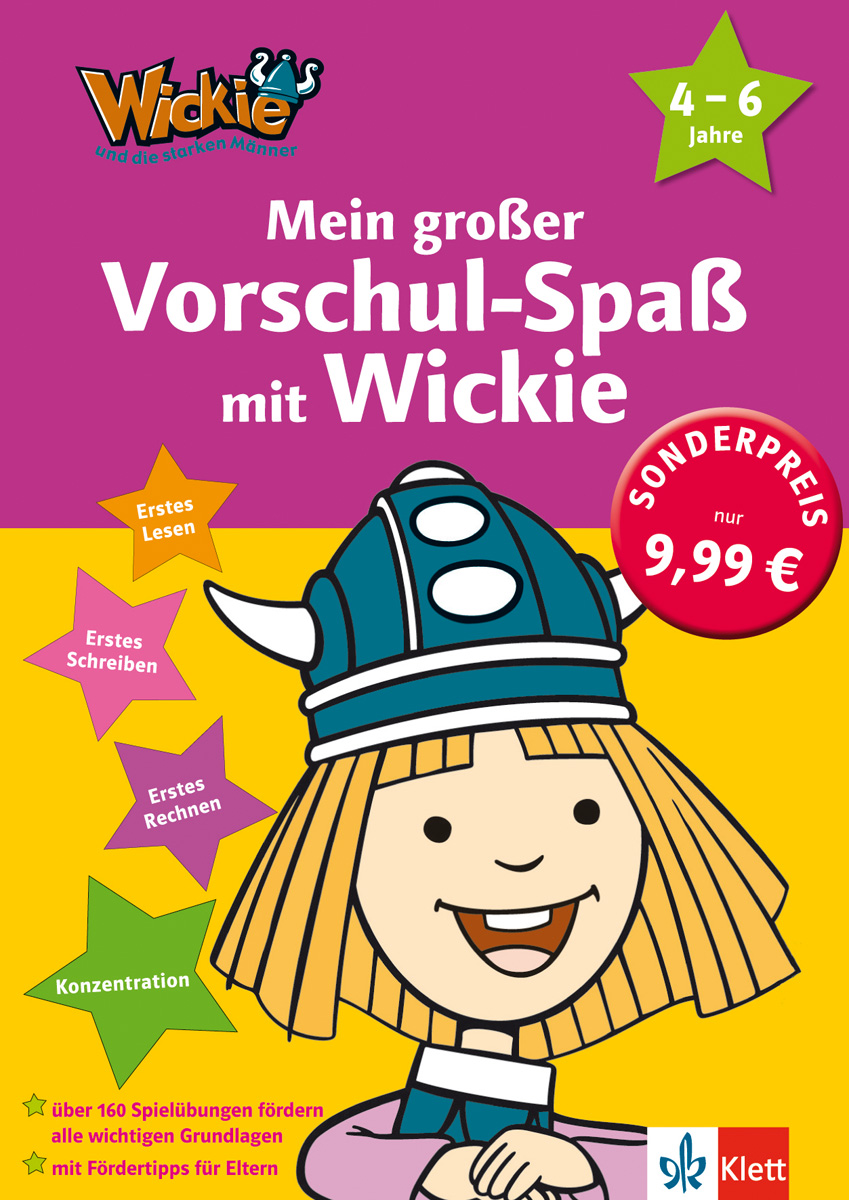 Buntes Buchcover mit der Zeichentrickfigur Wickie in einem Wikingerhelm, das für ein Vorschul-Aktivitätsbuch für 4-6-Jährige zum Sonderpreis von 9,99 € wirbt.