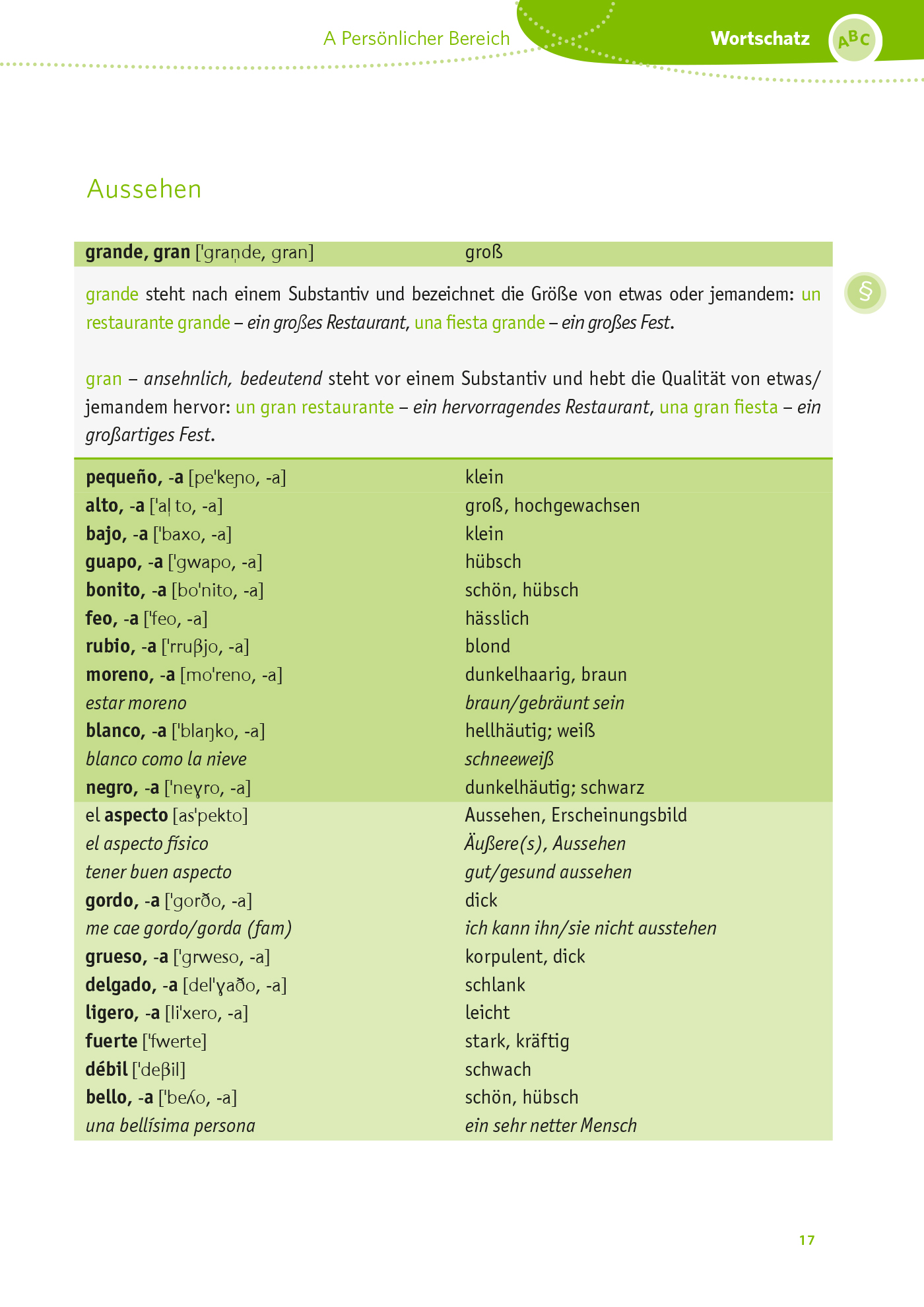 Eine Vokabelliste aus einem deutschen Sprachlehrbuch mit spanischen Wörtern und ihren deutschen Übersetzungen für Begriffe, die sich auf das Aussehen und die Beschreibung der Größe beziehen.