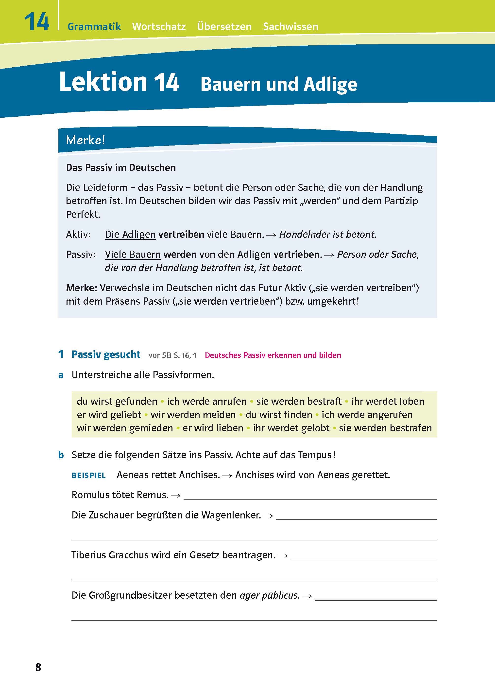 Eine Seite des deutschen Grammatiklehrbuchs erklärt das Passiv, stellt Aktiv- und Passivsätze gegenüber und enthält Beispiele und Übungen zu Bauern und Adeligen.