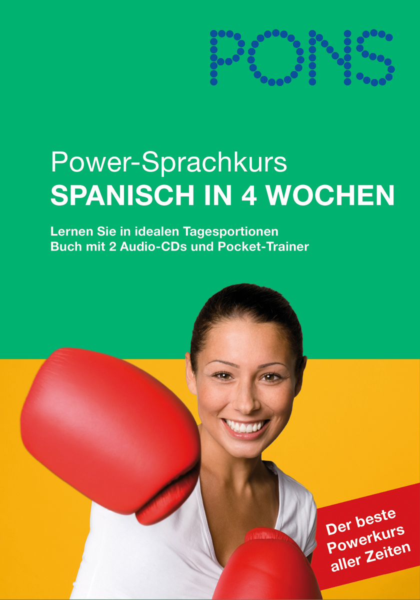 Umschlag eines PONS-Spanischkursbuchs, das eine lächelnde Frau mit roten Boxhandschuhen und einen deutschen Text zeigt, der für einen vierwöchigen Spanischkurs wirbt.