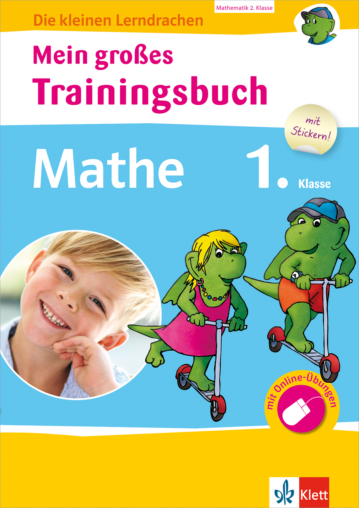 Umschlag eines deutschen Mathe-Arbeitsheftes für die 1. Klasse mit Cartoon-Drachen auf Motorrollern, einem lächelnden Kind und einem Text, der Online-Übungen und Aufkleber bewirbt.