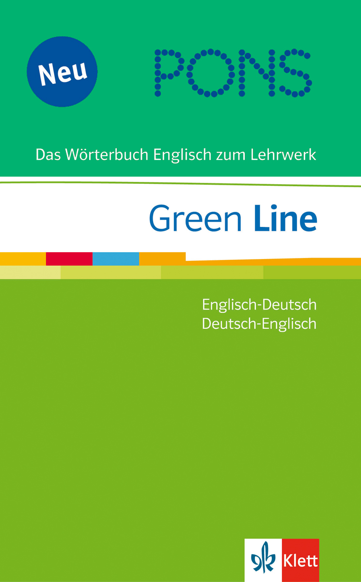 Cover des PONS Green Line Wörterbuchs Englisch-Deutsch und Deutsch-Englisch, herausgegeben von Klett, mit grünem, blauem und gelbem Design.