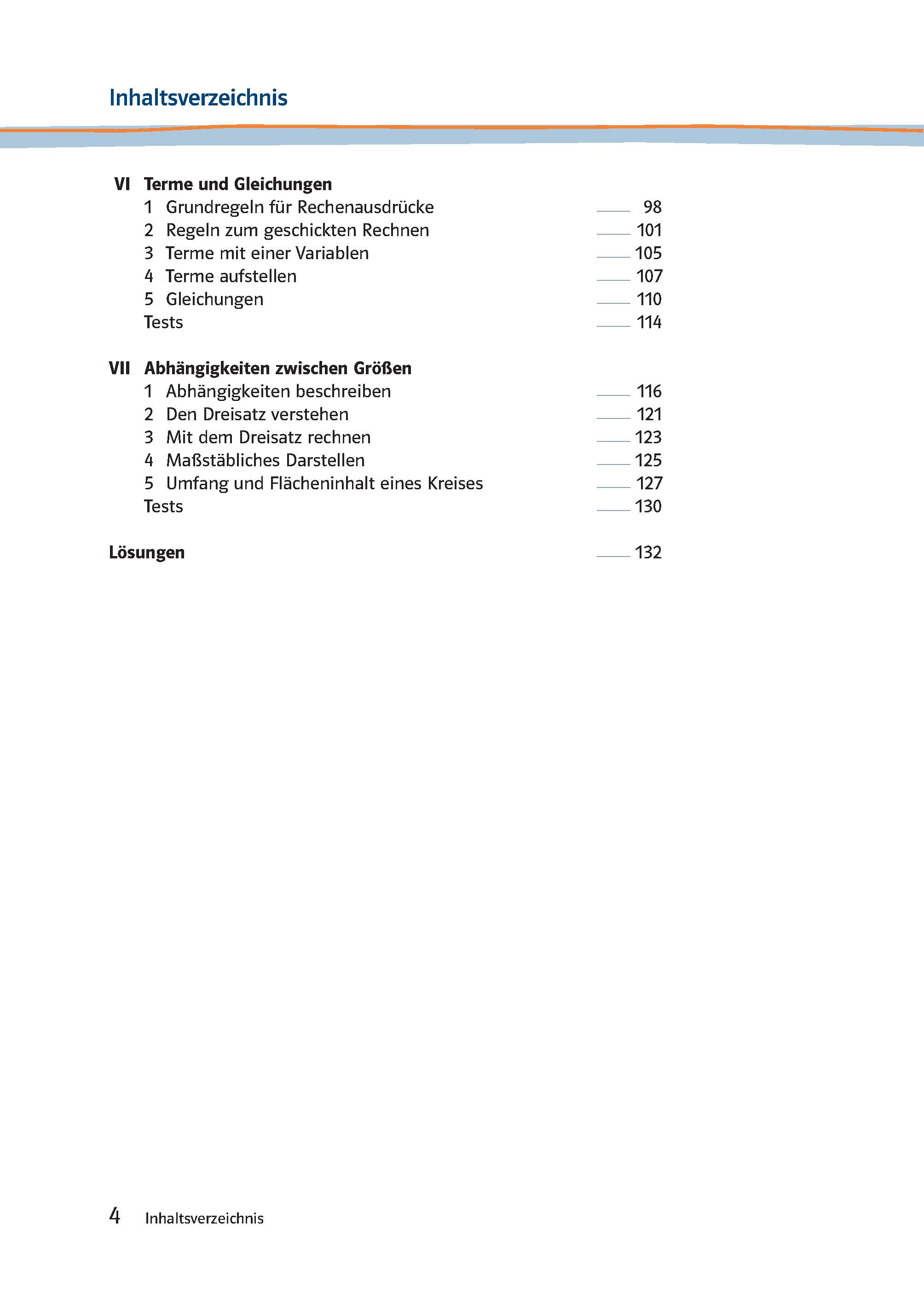 Ein Inhaltsverzeichnis aus einem deutschen Lehrbuch, in dem die Kapitel über Begriffe, Gleichungen, Proportionen und Problemlösungen mit den entsprechenden Seitenzahlen aufgeführt sind.