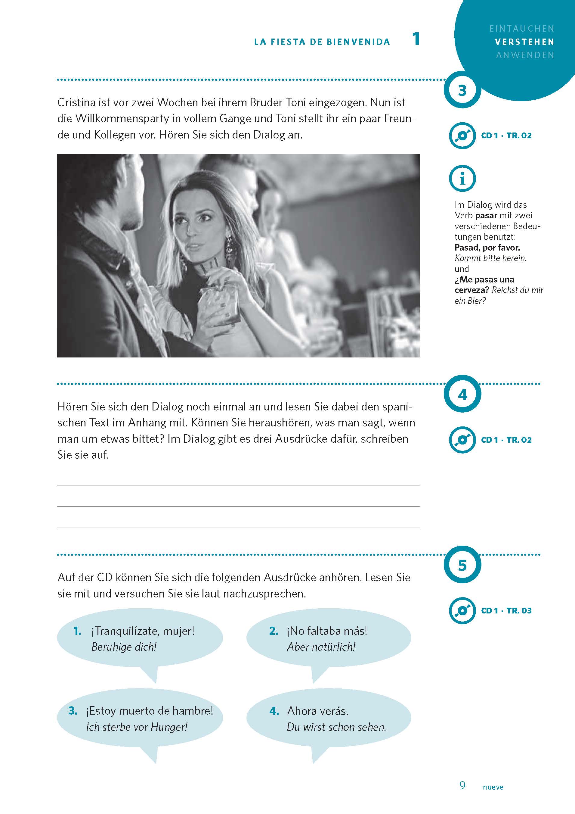 Eine Frau und ein Mann sitzen an einem Tisch und unterhalten sich in entspannter Atmosphäre über Getränke, wie auf einem Schwarz-Weiß-Foto auf einer deutschsprachigen Übungsseite zu sehen ist.