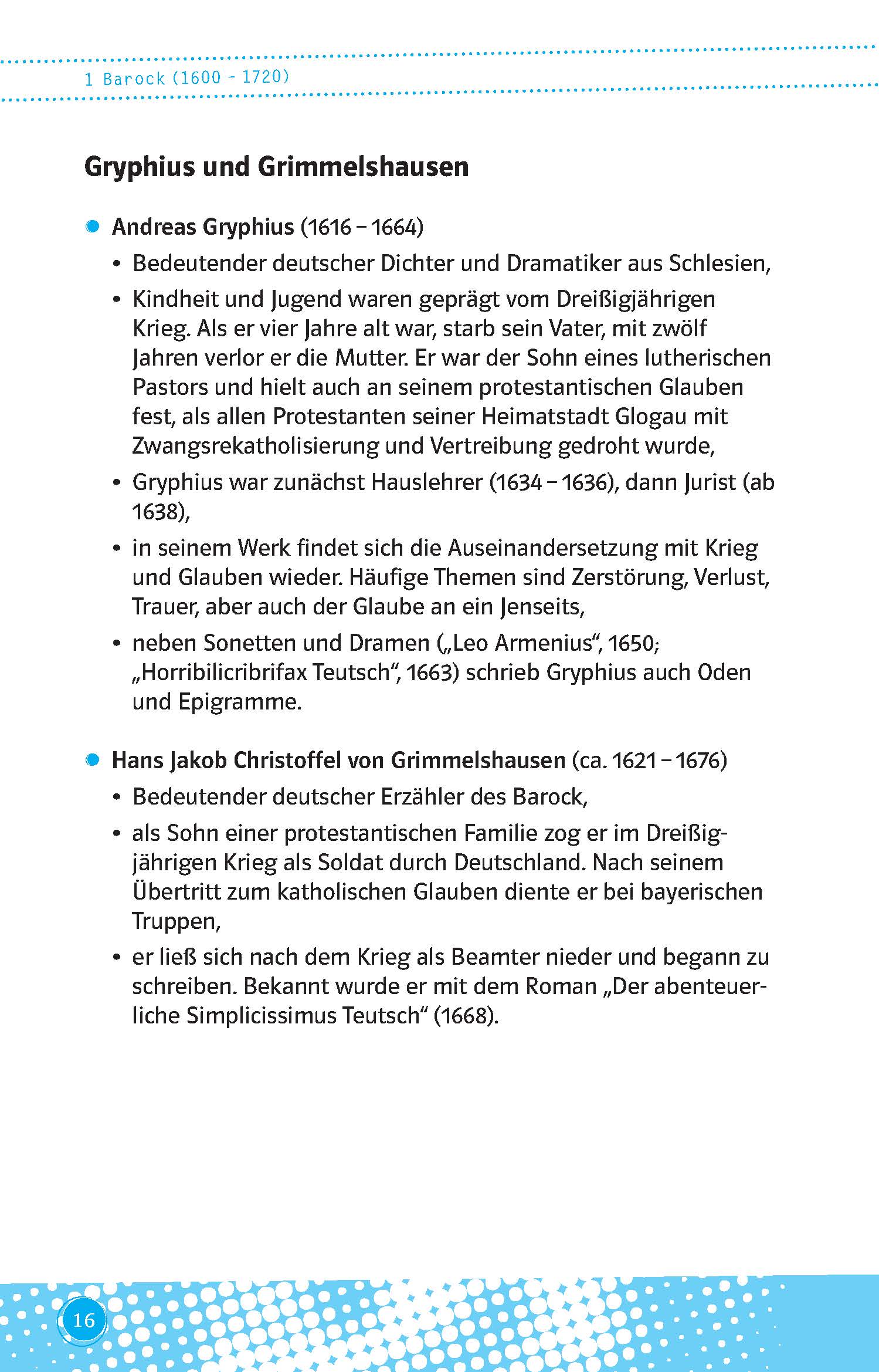 Eine Seite aus einem Buch in deutscher Sprache enthält eine Biografie von Andreas Gryphius, einschließlich der wichtigsten Lebensereignisse, des Werdegangs und des historischen Kontextes, mit Abschnittsüberschriften und Aufzählungspunkten.