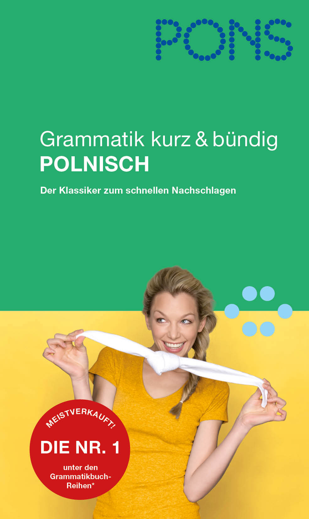 Buchcover für PONS Grammatik kurz & bündig Polnisch mit einer lächelnden Frau, die ein weißes Tuch vor einem grün-gelben Hintergrund ausbreitet.