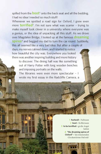 Eine Seite aus einem Buch, in dem ein Oxford-Besuch beschrieben wird, mit bestimmten hervorgehobenen und ins Deutsche übersetzten Wörtern in einem Kasten unten rechts über einem Bild historischer Universitätsgebäude.