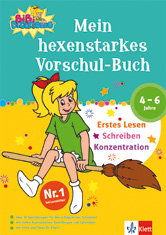 Umschlag eines deutschen Arbeitsbuchs für Kinder mit dem Titel Mein hexenstarkes Vorschul-Buch, das ein Cartoon-Mädchen mit einem Besen und einen Text für die Altersgruppe 4-6 Jahre über Lesen, Schreiben und Konzentration zeigt.