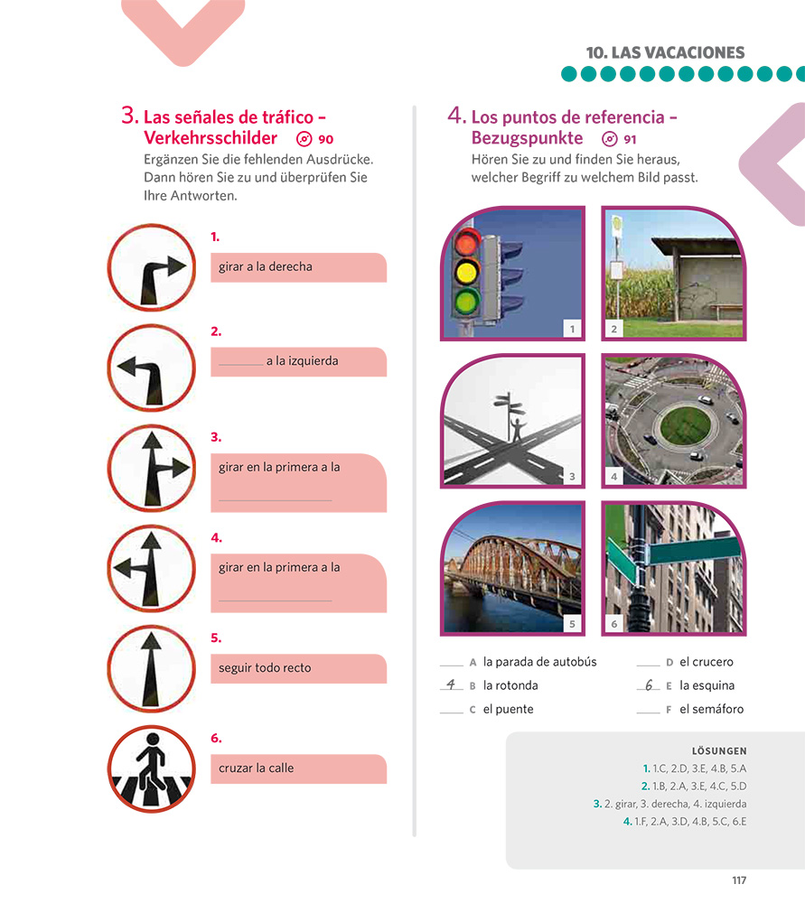 Eine spanisch-deutsche Arbeitsbuchseite mit Verkehrszeichen und Hinweisen, mit Abbildungen von Ampeln, Straßenschildern und verschiedenen Orten sowie Feldern zum Ausfüllen der Antworten.