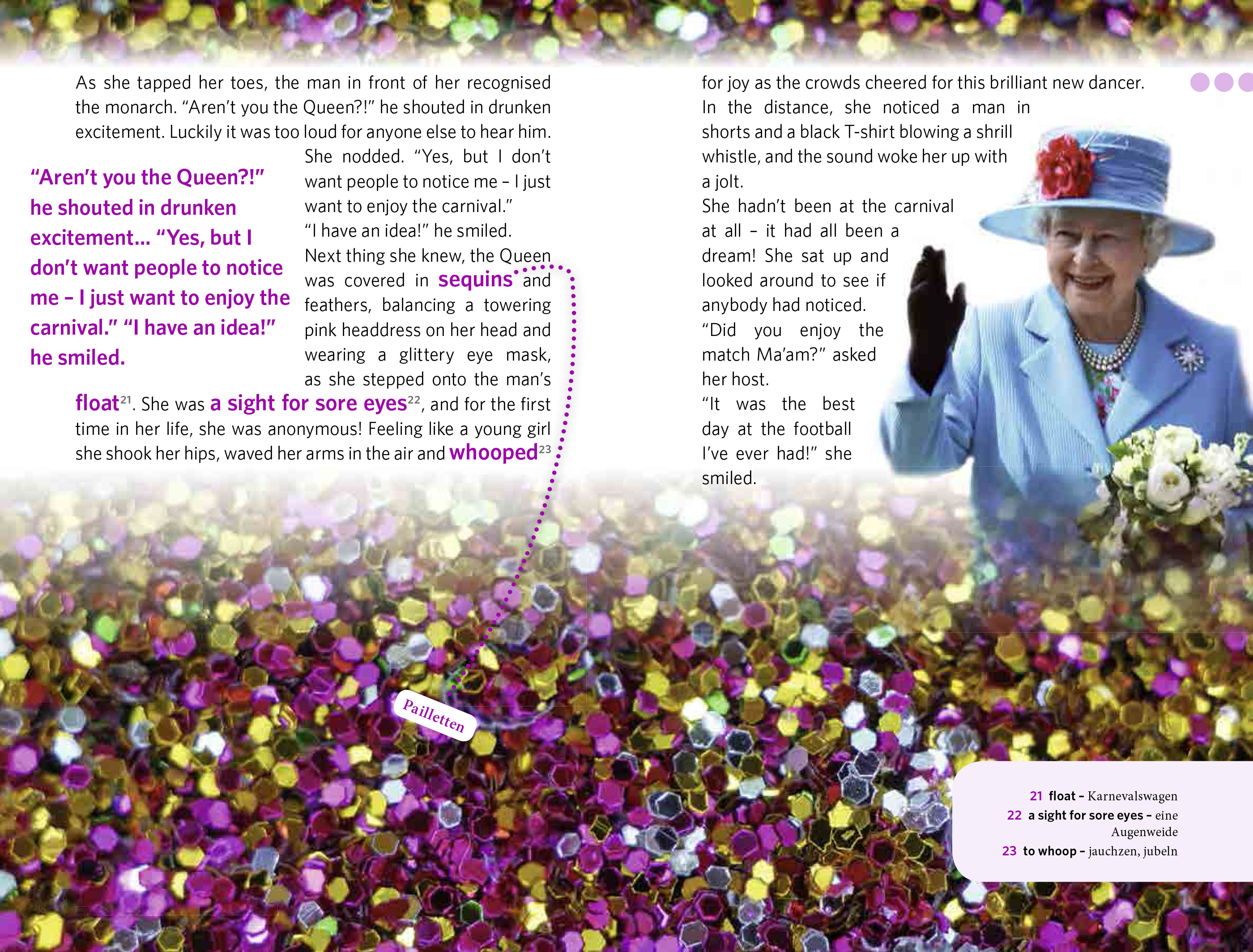 Eine ältere Frau in einem hellblauen Mantel und mit Hut winkt lächelnd; sie steht vor einem Hintergrund aus buntem Konfetti. Auf der linken Seite ist ein Textauszug eingeblendet.