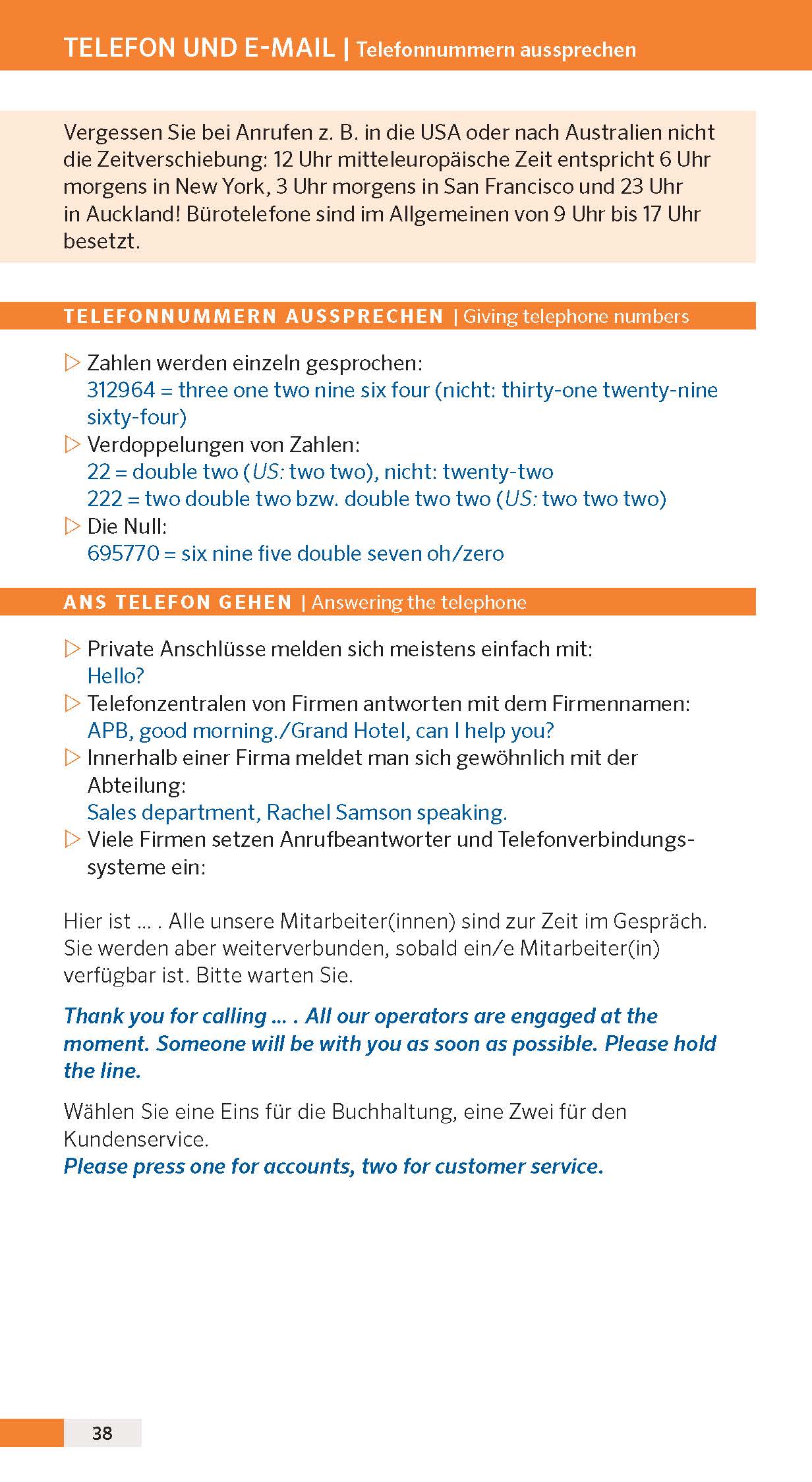 Ein deutschsprachiger Leitfaden, der erklärt, wie man Telefonnummern und E-Mails ausspricht und beantwortet, mit Beispielen und Anweisungen in farbigen Textkästen.