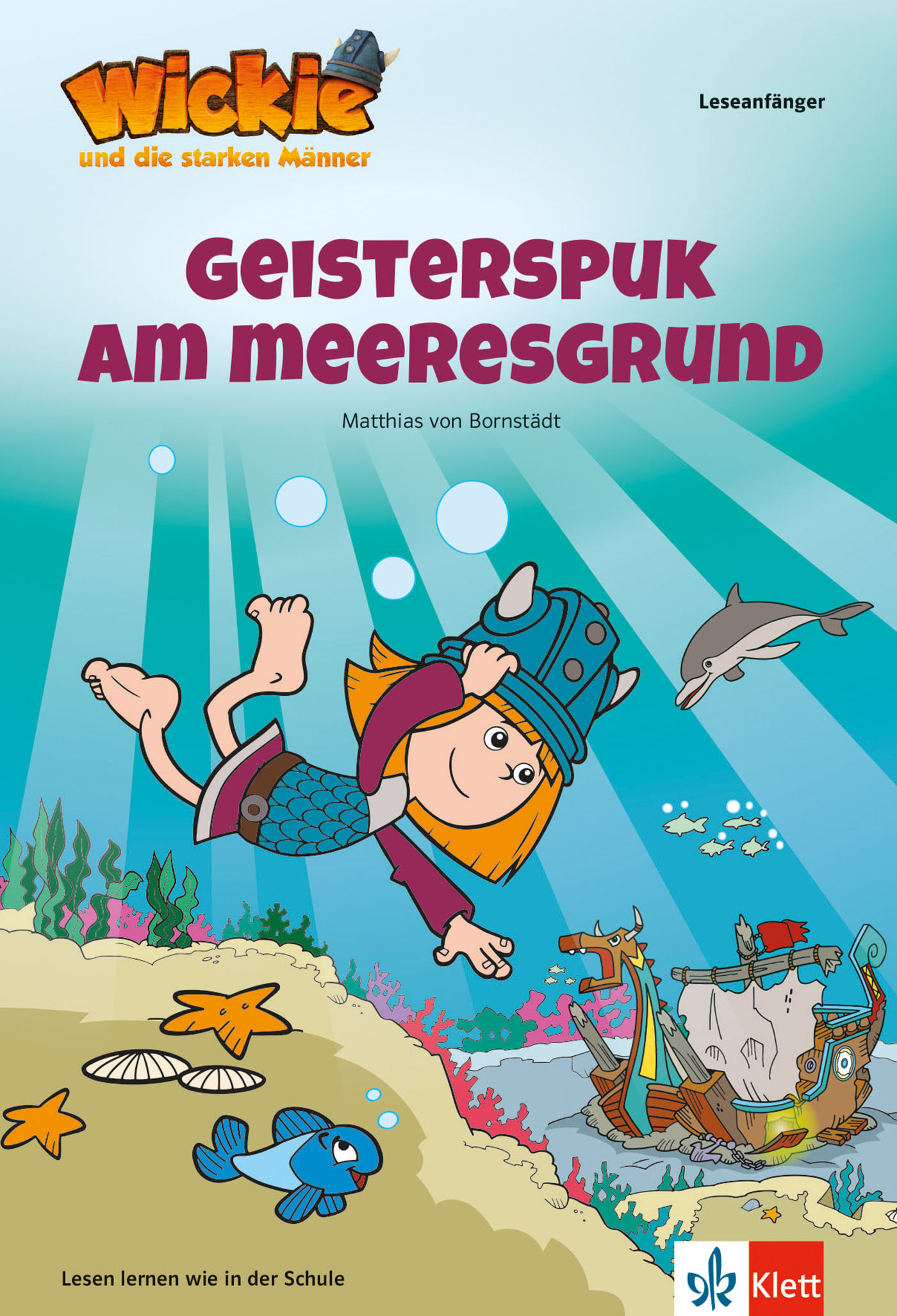 Cover eines Kinderbuchs mit dem Titel Geisterspuk am Meeresgrund, das ein Cartoon-Mädchen zeigt, das unter Wasser in der Nähe von Meerestieren und einer Schatztruhe schwimmt.
