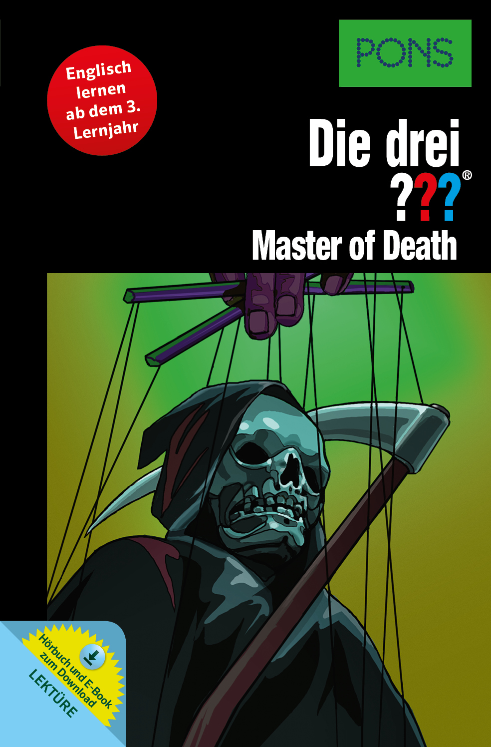 Das Buchcover zeigt einen Sensenmann als Marionette, die von Fäden gesteuert wird, mit dem Titel Die drei ??? Meister des Todes und Sprachlernetiketten in Deutsch und Englisch.