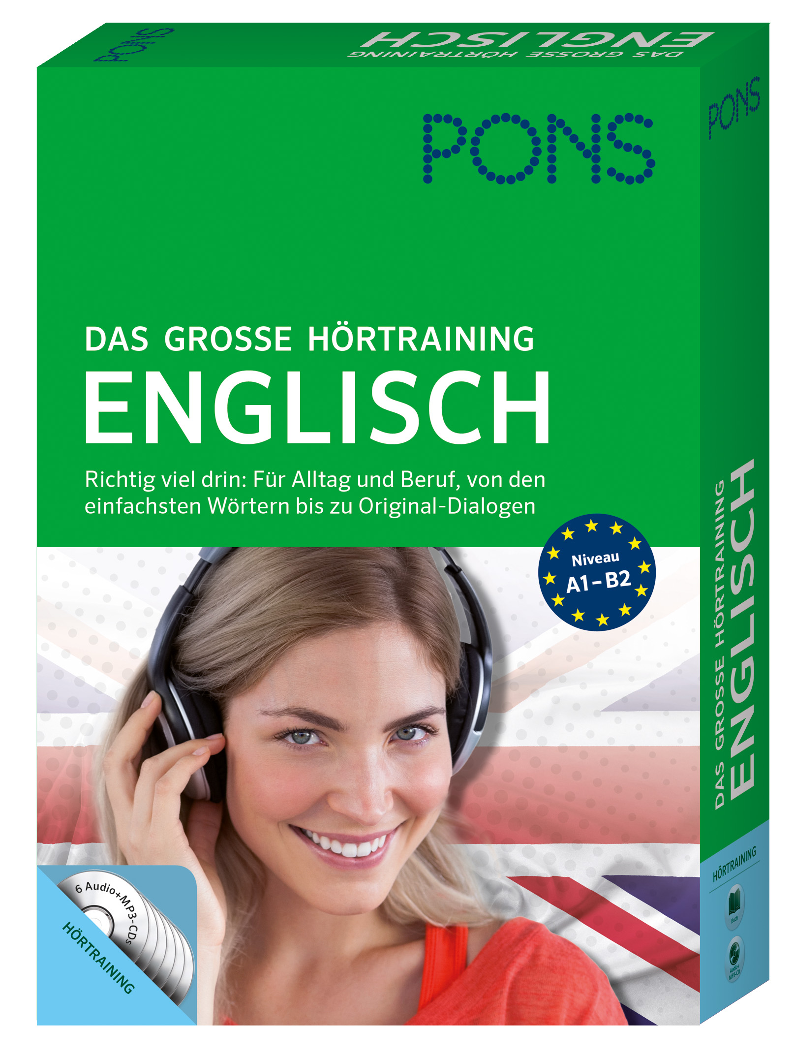 PONS Das große Hörtraining Englisch Eine PONS-Sprachlernproduktbox mit dem Titel Das große Hörtraining Englisch, auf der eine lächelnde Frau mit Kopfhörern zu sehen ist und ein Text, der die Stufen A1-B2 angibt.