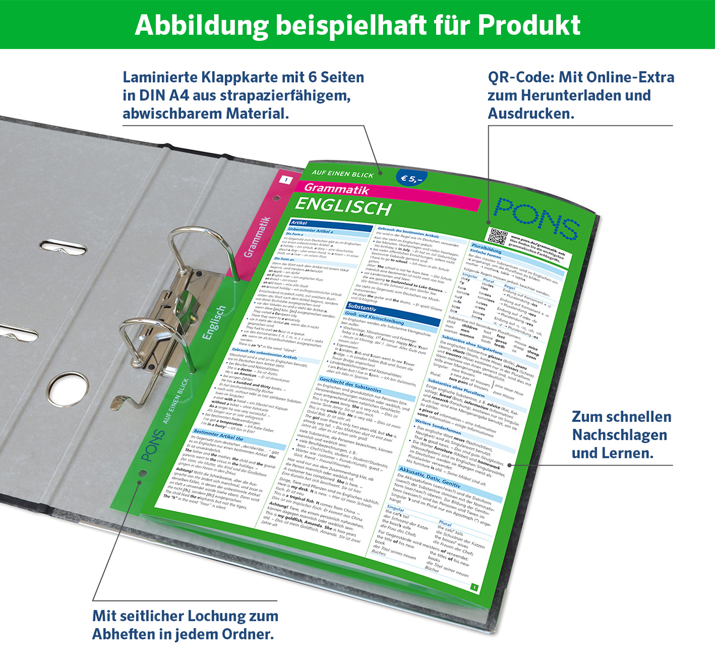 Ein sechsseitiges laminiertes Nachschlagewerk für englische Grammatik in einem Ringbuch mit QR-Code-Zugang, Online-Extras und seitlichen Löchern zum einfachen Einlegen und Herausnehmen der Blätter.