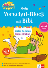 Umschlag eines deutschen Aktivitätsbuchs für Kinder im Alter von 4-6 Jahren mit dem Titel Mein Vorschul-Block mit Bibi, das ein illustriertes Mädchen zeigt, das neben einem Besen liegt.