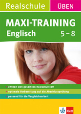 Buchumschlag für MAXI-TRAINING Englisch 5-8 mit dem Foto einer jungen Frau, grünen und rosa Bannern und einem Text zur Prüfungsvorbereitung für Realschüler.