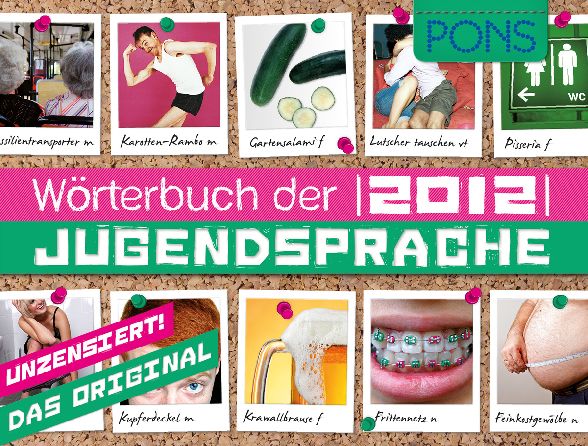 Eine Collage aus neun Fotos mit verspielten Bildern und Beschriftungen, die für das Wörterbuch der Jugendsprache 2012 von PONS werben, mit Begriffen aus der aktuellen deutschen Jugendsprache.