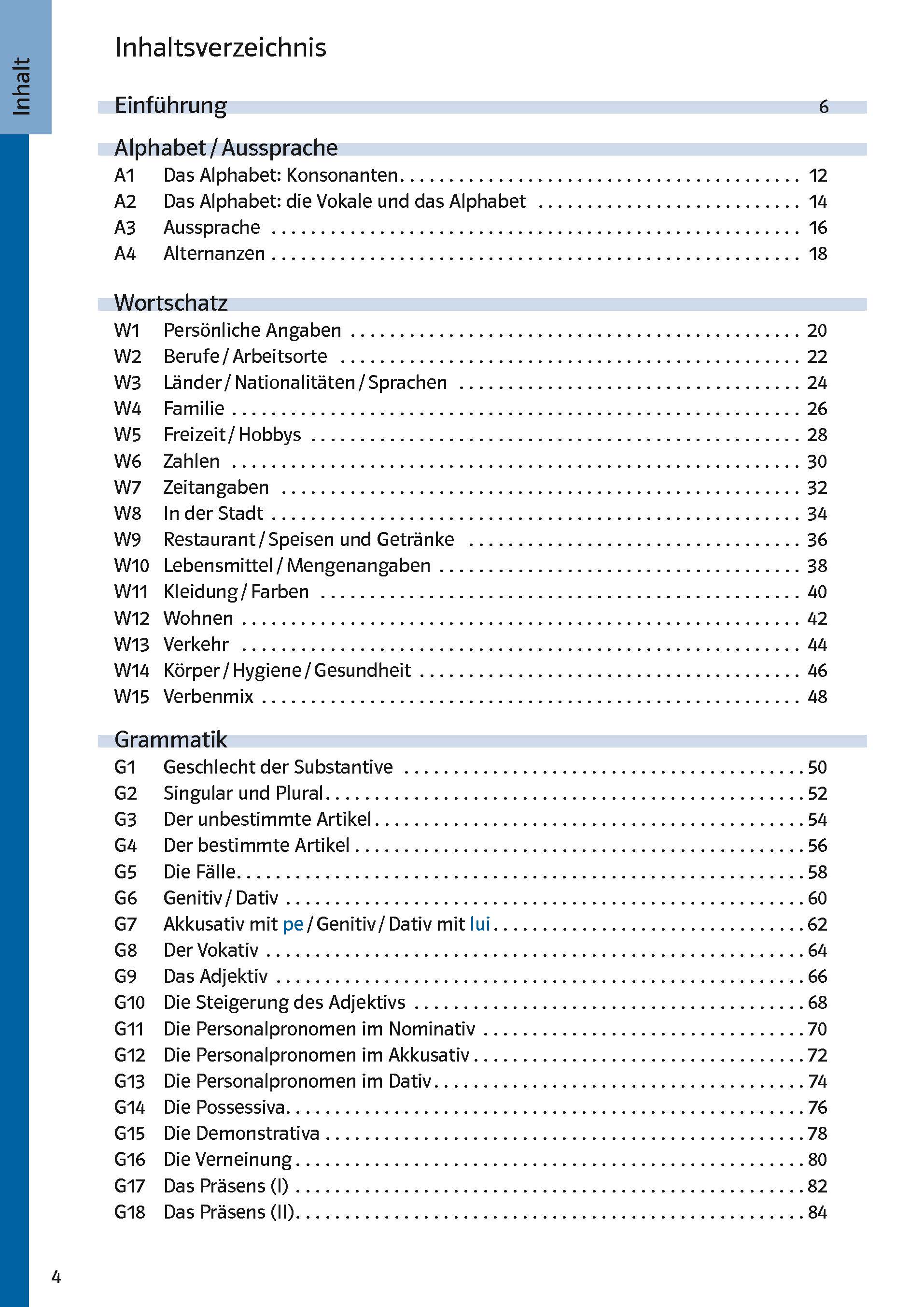 Inhaltsverzeichnis, das die Kapitel und Themen mit den entsprechenden Seitenzahlen auflistet, die sich hauptsächlich auf Vokabelthemen wie Beruf, Familie, Hobbys, Ernährung und Gesundheit beziehen.