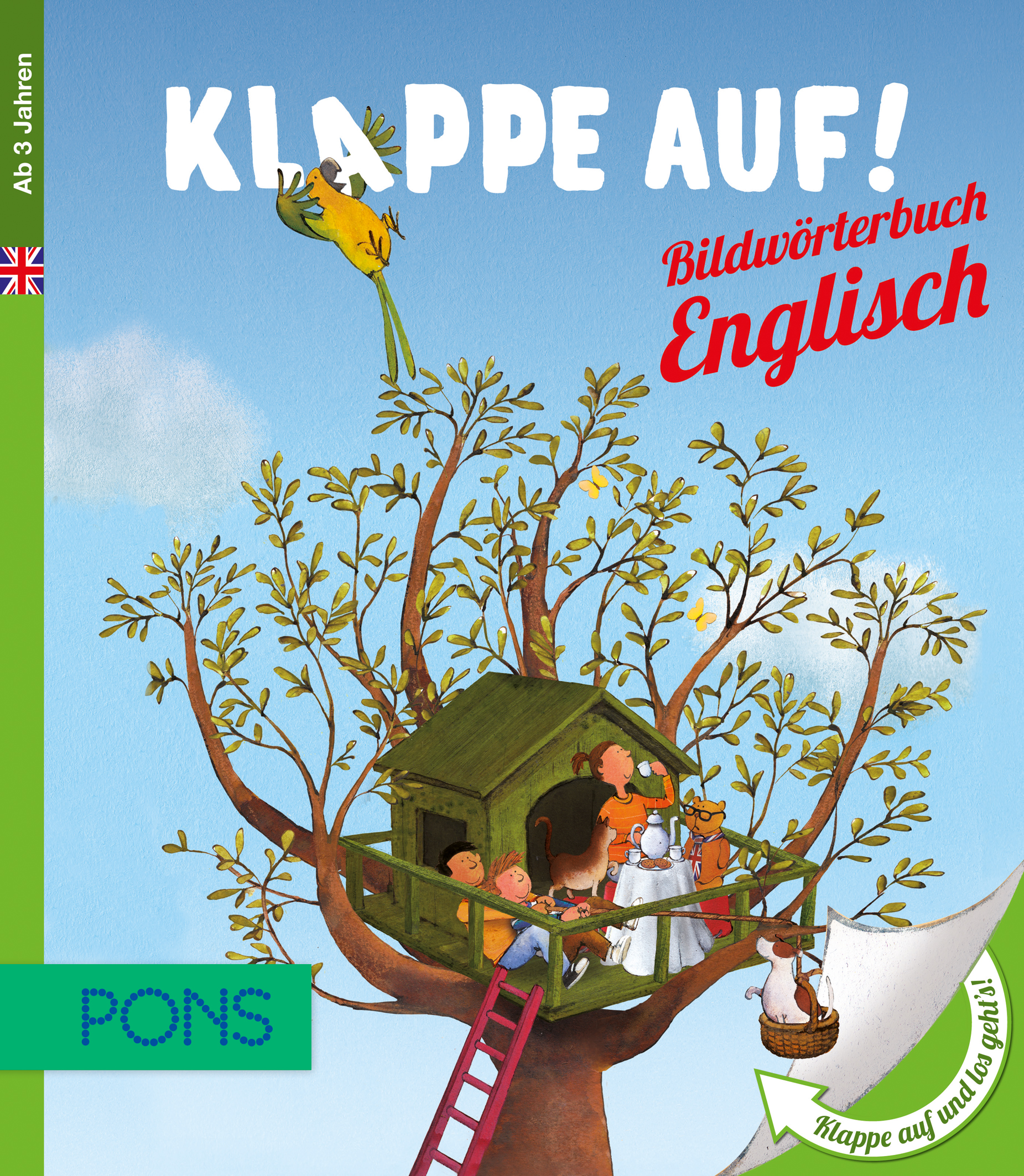 Illustration von Kindern und Tieren in einem Baumhaus, mit einem Papagei darüber und einer Leiter, die nach oben führt, auf dem Einband eines deutsch-englischen Bildwörterbuchs für junge Lerner.