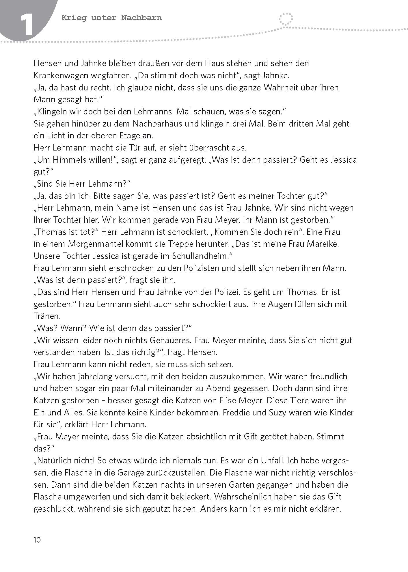 Eine Seite aus einem deutschen Buch mit einem Text, der ein Gespräch zwischen den Personen Jansen und Lehmann über einen Vorfall beschreibt, in den Jansens Frau Jahnke und eine andere Frau namens Jessica verwickelt sind.