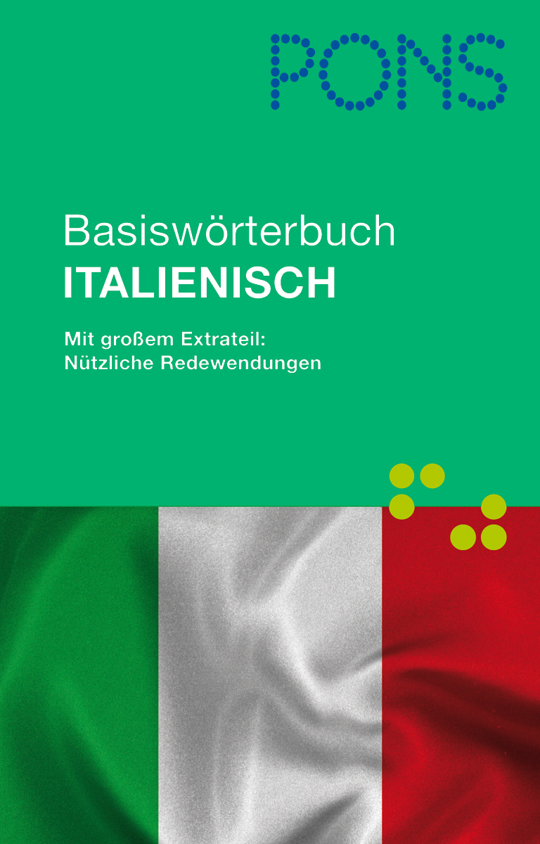 Umschlag eines deutsch-italienischen Wörterbuchs von PONS mit der italienischen Flagge und deutschem Text über die enthaltenen praktischen Redewendungen.