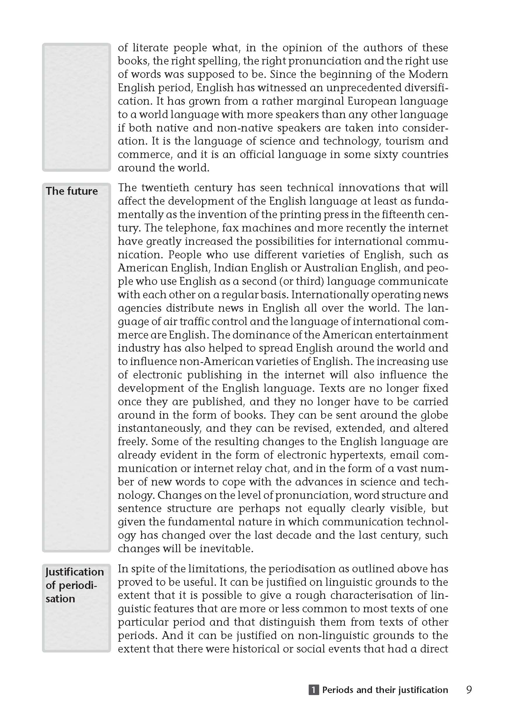 Eine Lehrbuchseite mit zwei hervorgehobenen Abschnitten mit dem Titel Die Zukunft und die Rechtfertigung der Periodisierung, in denen die Diversifizierung des Englischen und die Gründe für die Einteilung der Perioden erörtert werden.