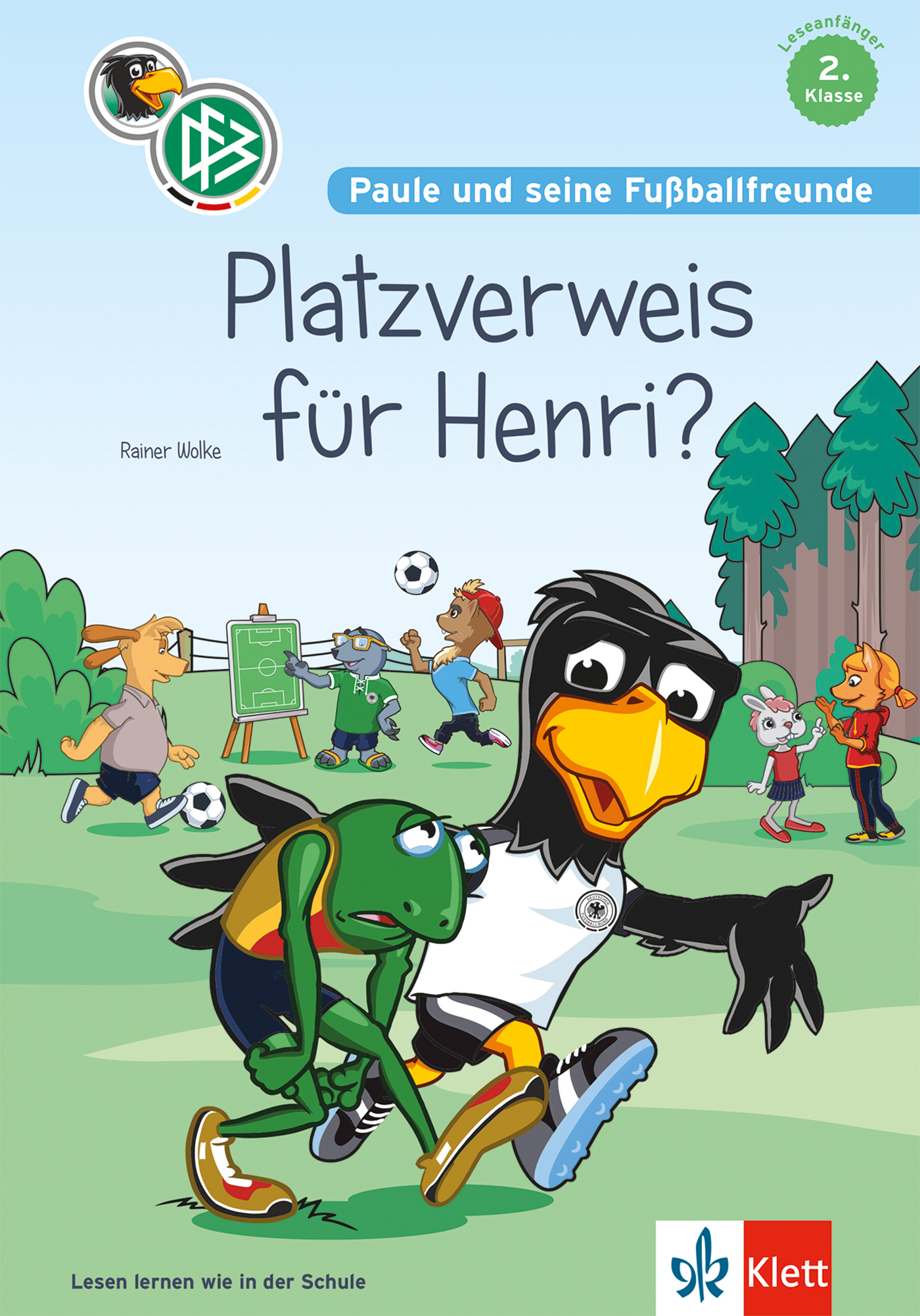Ein Cartoon mit einem Vogel und einem Frosch, die Fußball spielen.
