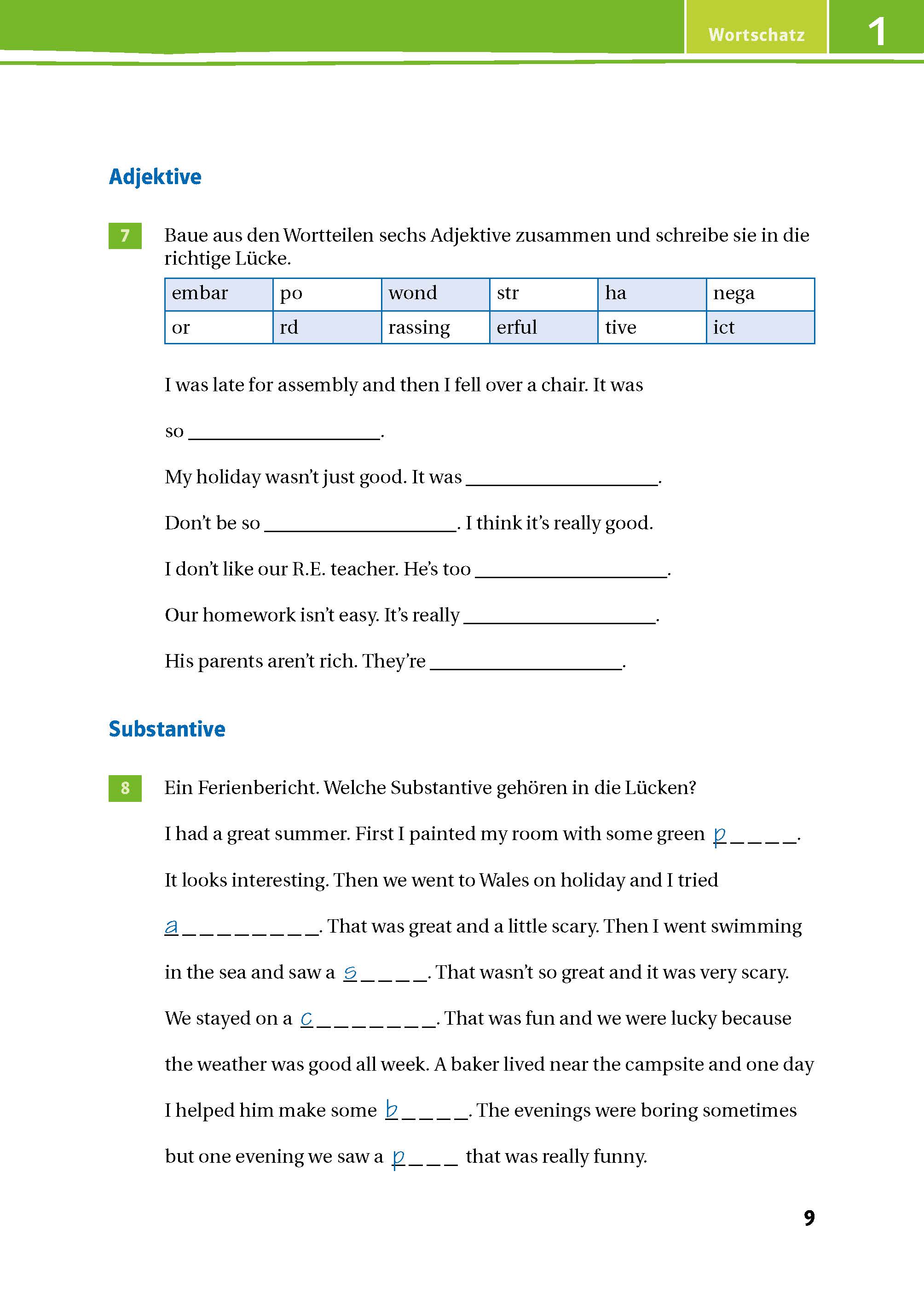 Eine Lehrbuchseite für die deutsche Sprache mit Vokabel- und Ausfüllübungen für Adjektive und Substantive, die sowohl englische Sätze als auch deutsche Wortwahlen enthalten.