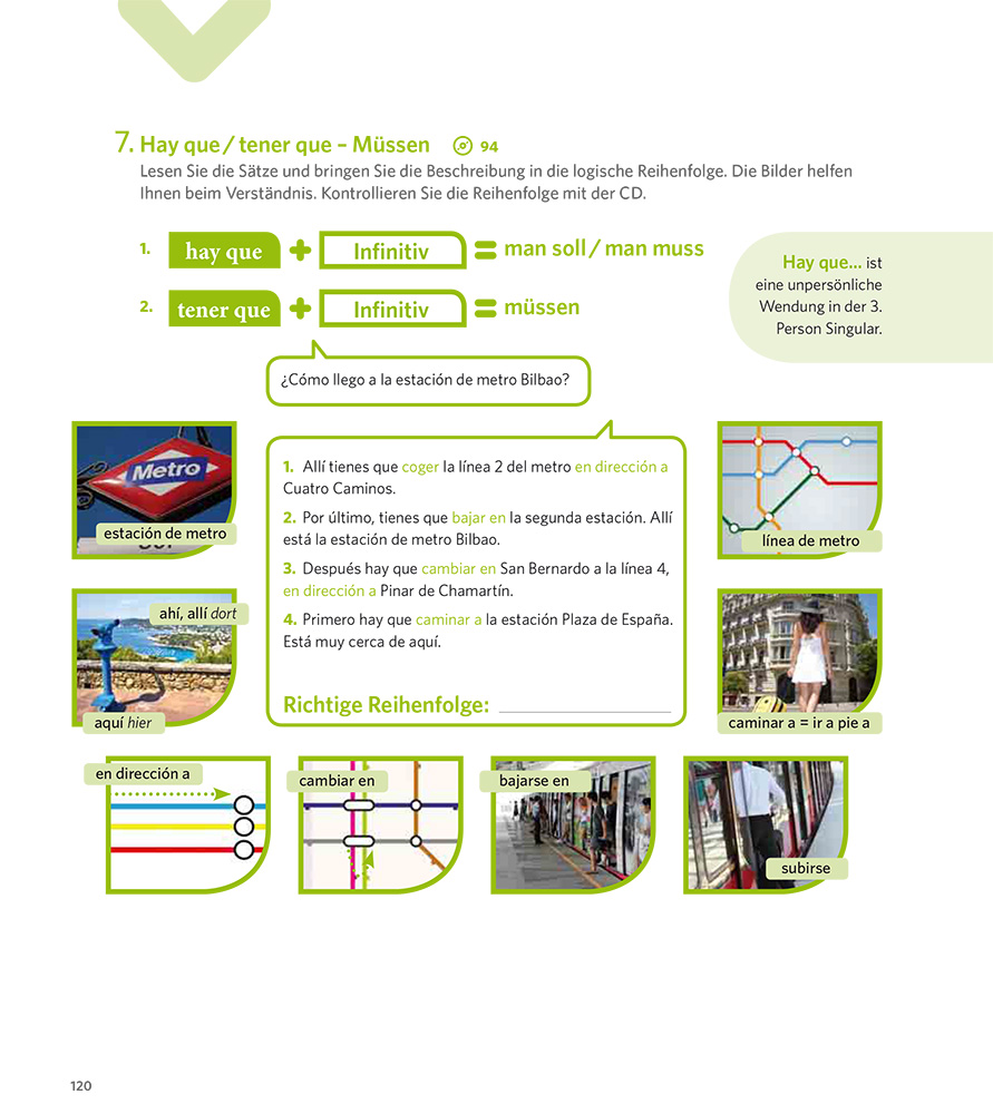 Eine spanischsprachige Lehrbuchseite erklärt den Weg mit der Metro in Bilbao mit Text, Karten und Fotos sowie deutschen Übersetzungen und grammatikalischen Hinweisen zu Modalverben.