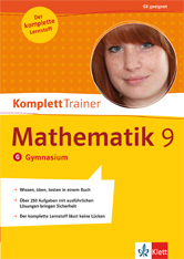 Umschlag eines deutschen Mathematik-Arbeitsheftes für die 9. Klasse eines Gymnasiums, mit dem Foto einer jungen Frau und einer Auflistung der wichtigsten Merkmale des Buches in deutscher Sprache.