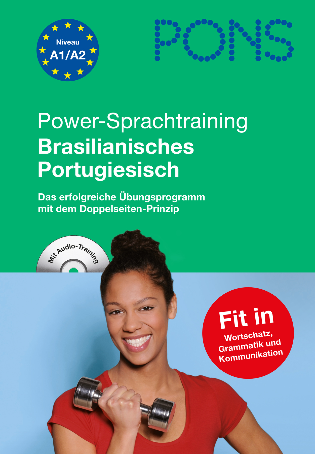 Eine Frau lächelt, während sie eine Hantel vor einem blauen Hintergrund hält. Der Text wirbt für ein brasilianisch-portugiesisches Sprachtrainingsbuch mit Schwerpunkt Audio und Kommunikation.