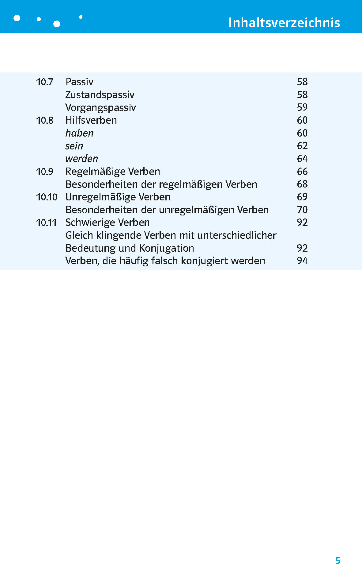 Eine Seite aus dem Inhaltsverzeichnis eines deutschen Buches listet Verbthemen wie Passiv, Unregelmäßige Verben und Seitenzahlen auf. Die Überschrift lautet Inhaltsverzeichnis.