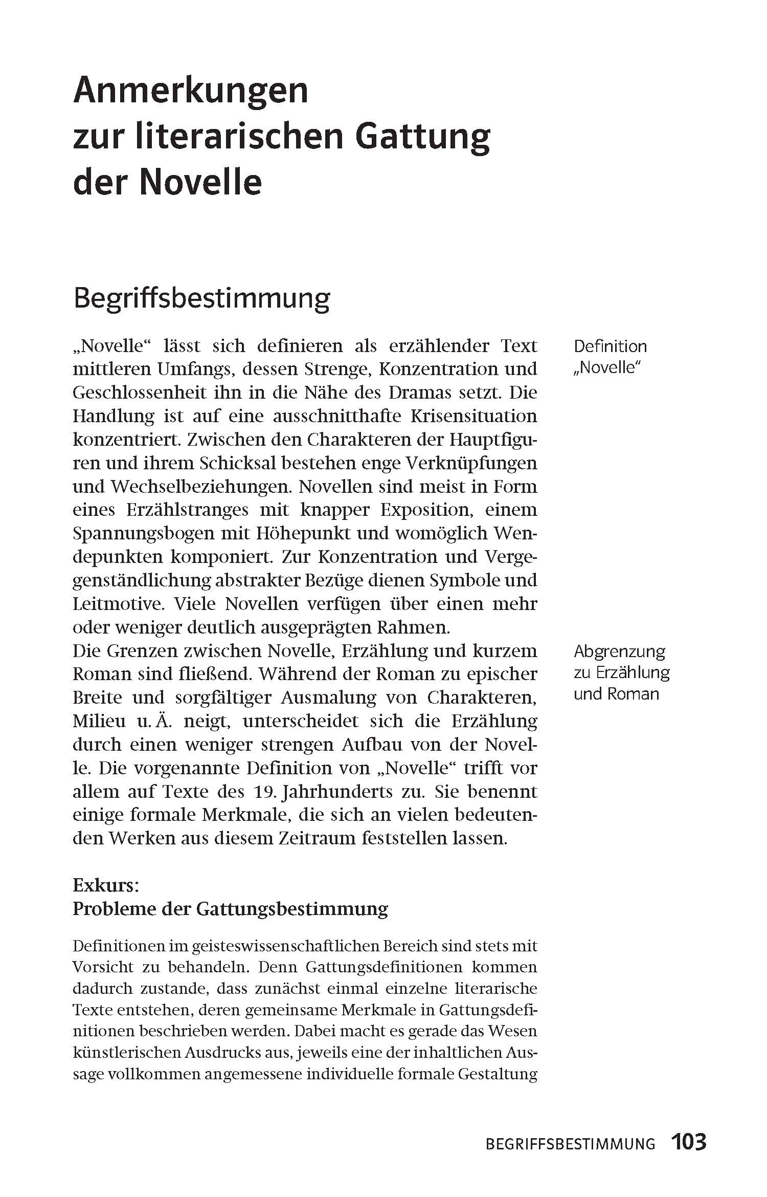 Eine Lehrbuchseite mit dem Titel Anmerkungen zur literarischen Gattung der Novelle erörtert die Definition und die Merkmale der literarischen Form Novelle.