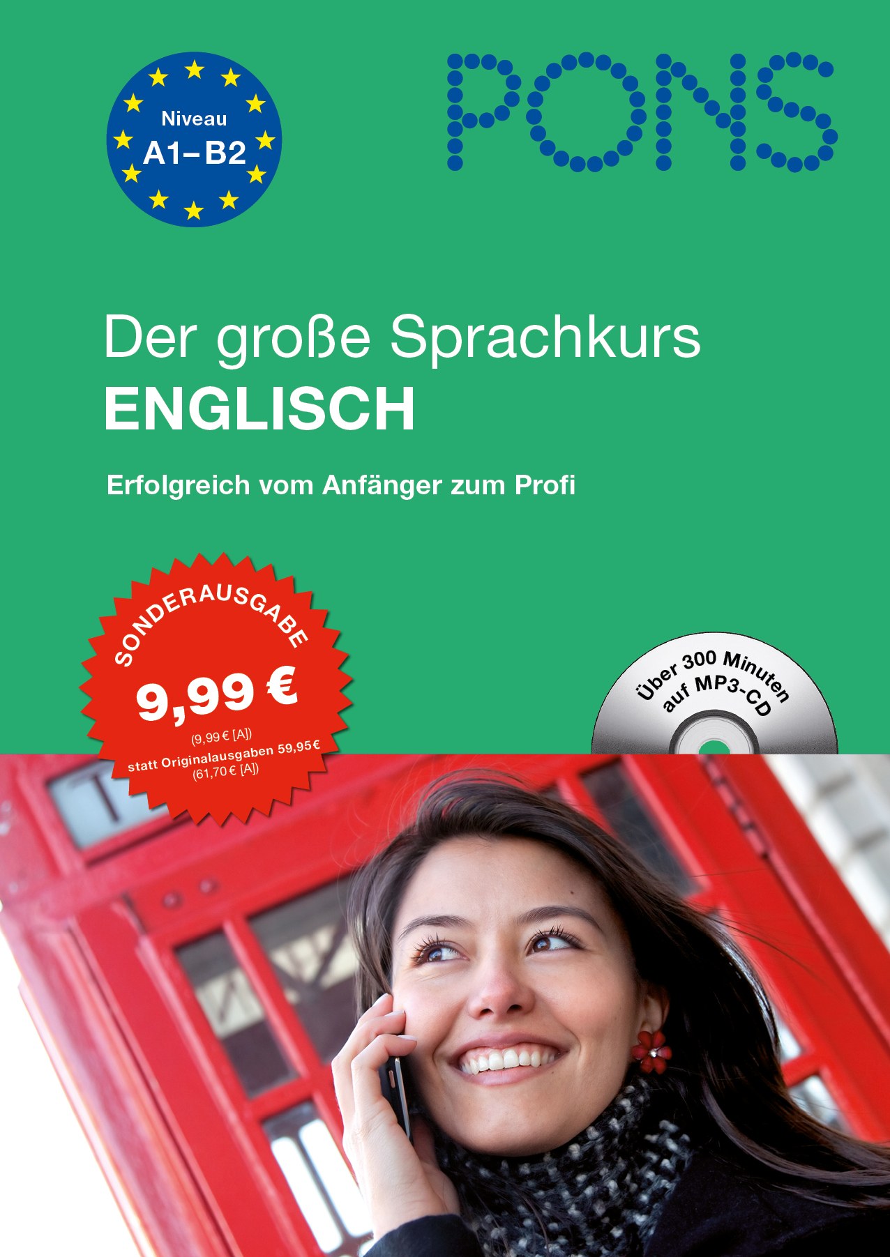 Eine Frau lächelt, während sie vor einer roten Telefonzelle telefoniert; das Bild ist auf dem Cover eines Deutsch-Englisch-Kursbuchs von PONS.