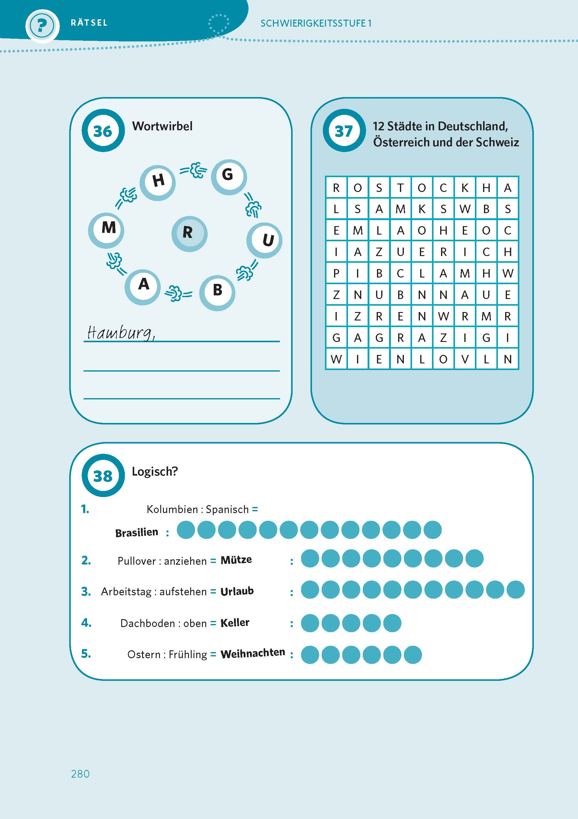 Eine Puzzleseite mit einem Wortkreis, einer Wortsuche mit dem Titel 12 Städte in Deutschland, Österreich und der Schweiz und einer logischen Assoziationsaufgabe mit blauen Punkten.