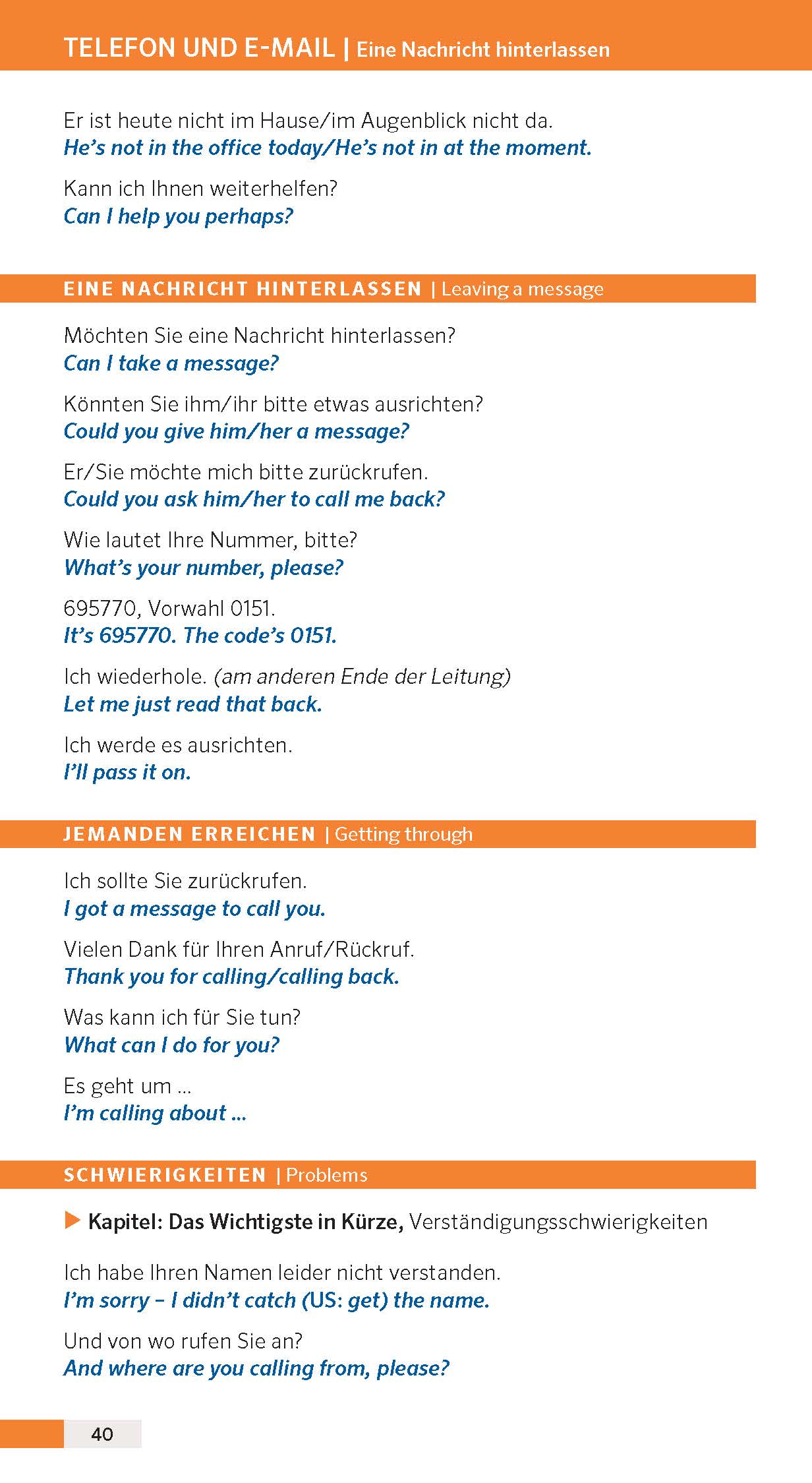 Ein deutsch-englischer Sprachführer, der zeigt, wie man Nachrichten am Telefon hinterlässt und entgegennimmt, mit Beispielsätzen und Übersetzungen, die in orangefarbenen Abschnitten hervorgehoben sind.