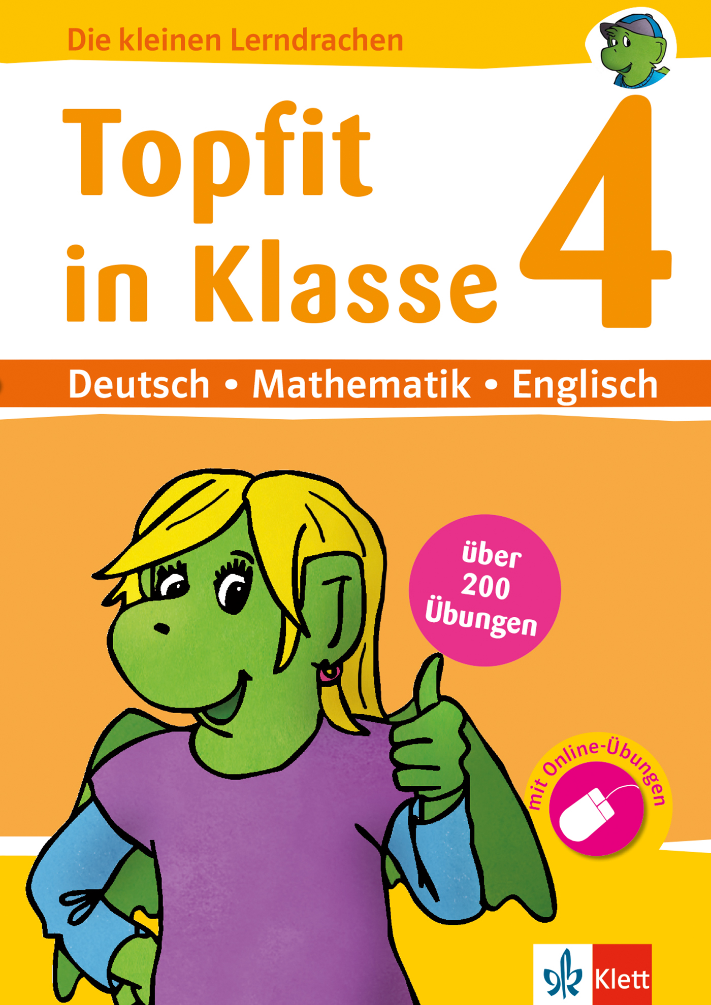 Umschlag eines Deutsch-Arbeitsheftes für die Klasse 4 mit dem Titel Topfit in Klasse 4 mit einem grünen Cartoon-Drachen, der den Daumen nach oben zeigt; die Fächer sind Deutsch, Mathematik und Englisch.