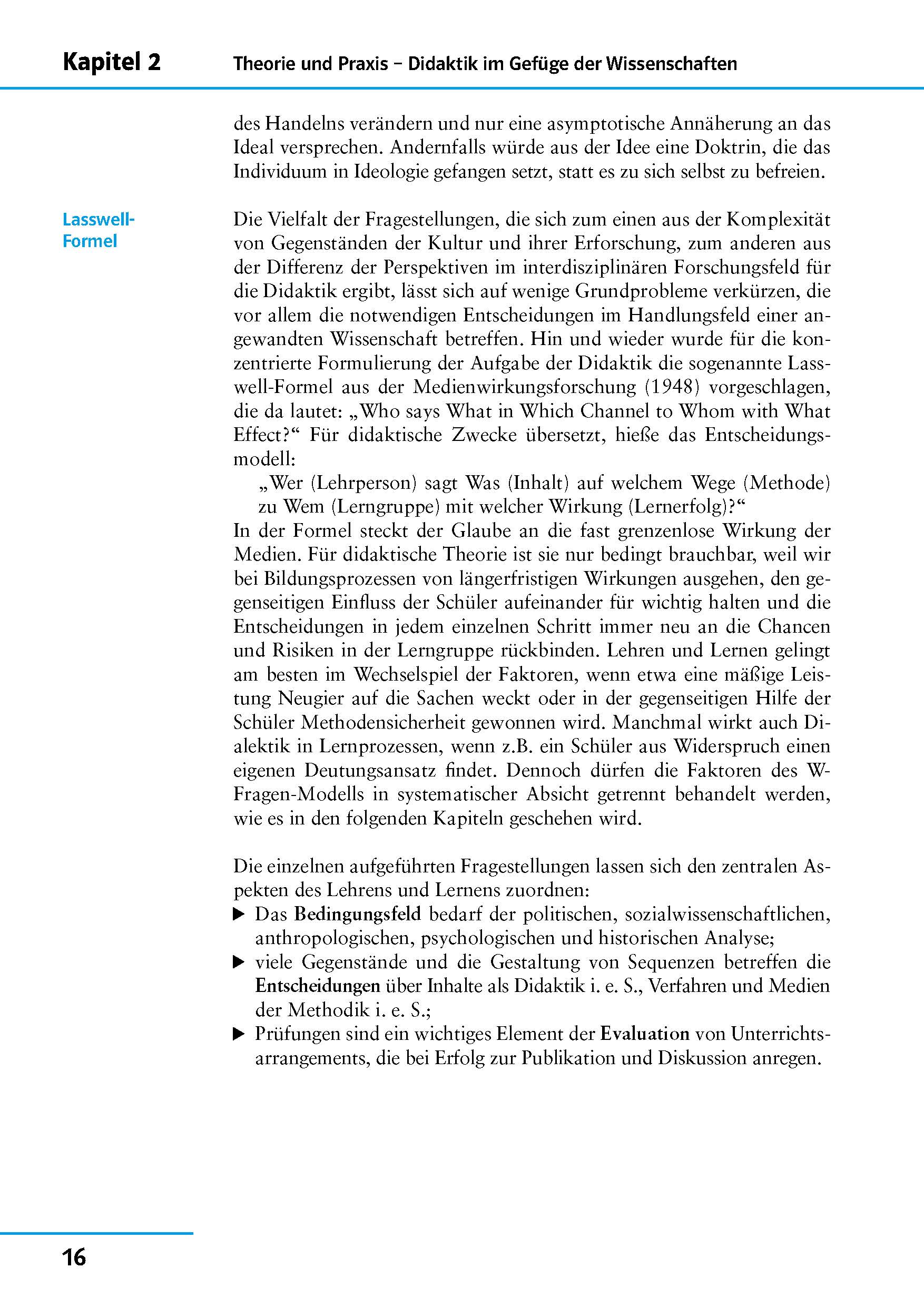 Eine deutschsprachige Lehrbuchseite über die Lasswell-Formel, mit einer Kopfzeile in der Seitenleiste, dem Haupttext und einem hervorgehobenen Kasten am unteren Rand, der auf Harold D. Lasswell verweist.