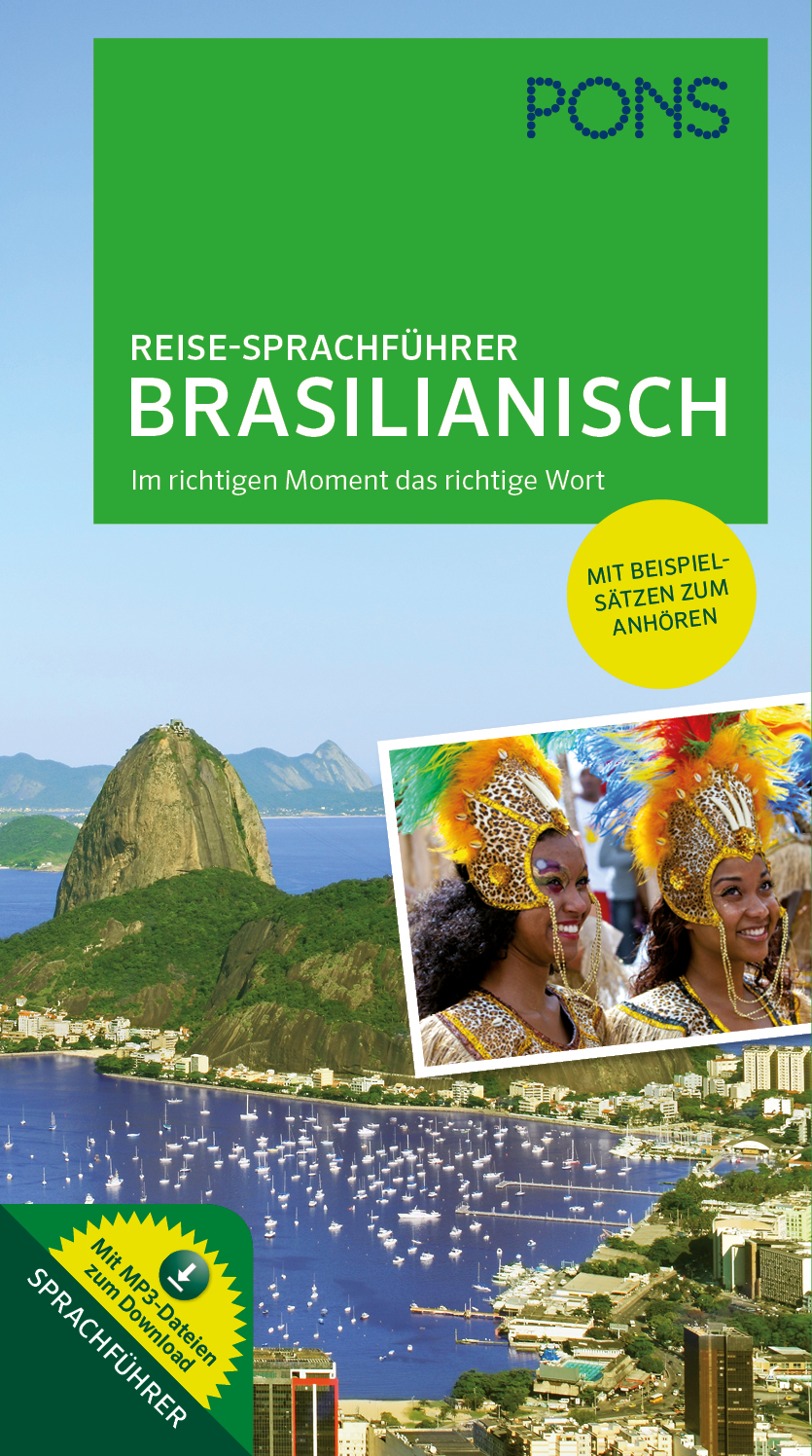 Umschlag eines PONS-Reiseführers für brasilianisches Portugiesisch mit einer Abbildung von Rio de Janeiro und zwei Frauen in Karnevalskostümen.