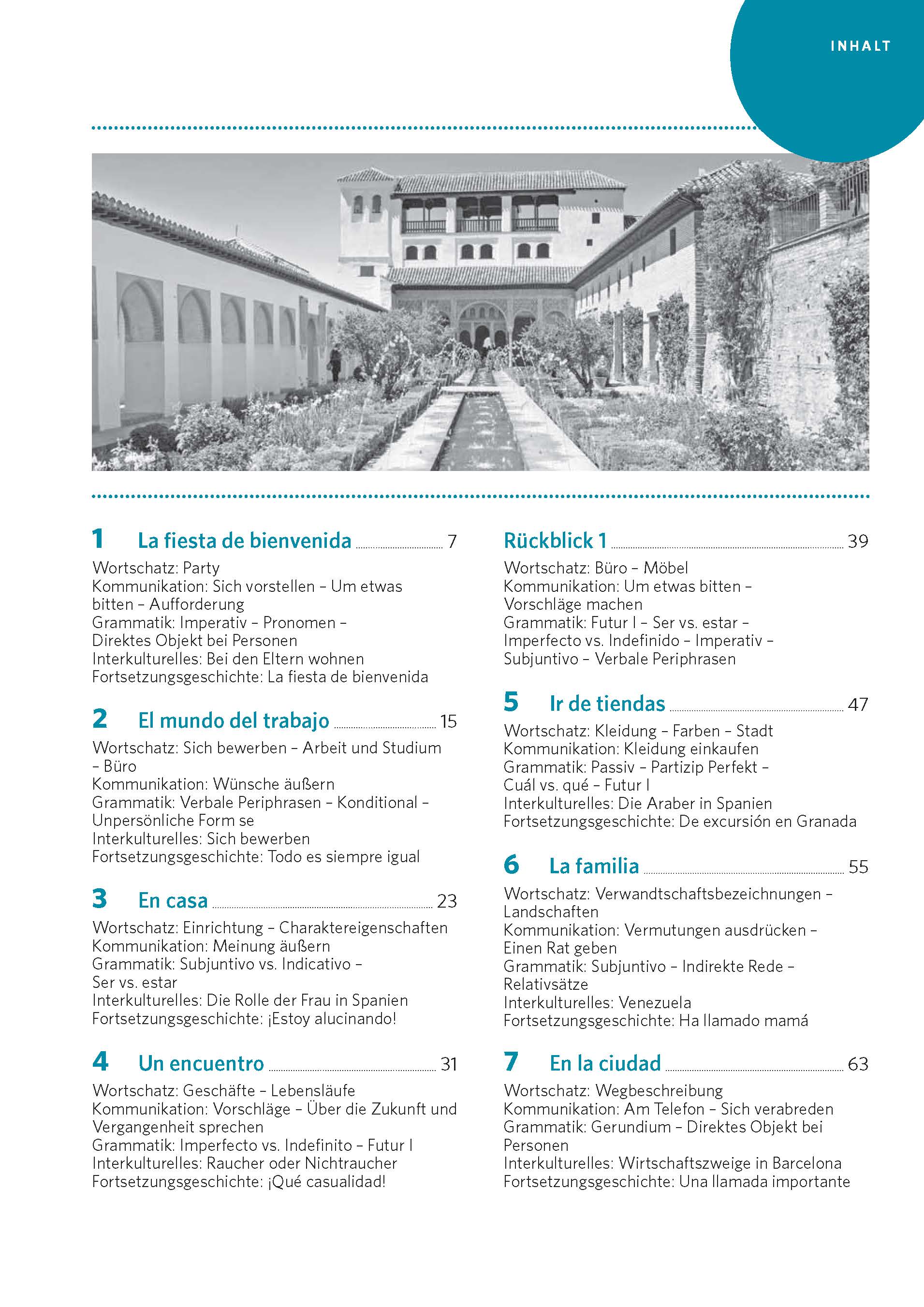 Inhaltsverzeichnis in deutscher Sprache mit blauen Überschriften, die Themen wie Partys, Arbeit, Reisen, Alltag und Medien auflisten, daneben das Foto eines historischen Gebäudes mit Bögen.