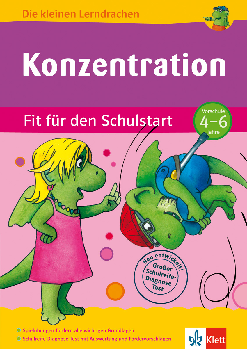Ein Zeichentrickdrache und ein Mädchen stehen sich auf dem farbenfrohen Buchcover mit dem Titel Konzentration gegenüber, das für Vorschulkinder im Alter von 4 bis 6 Jahren gedacht ist.